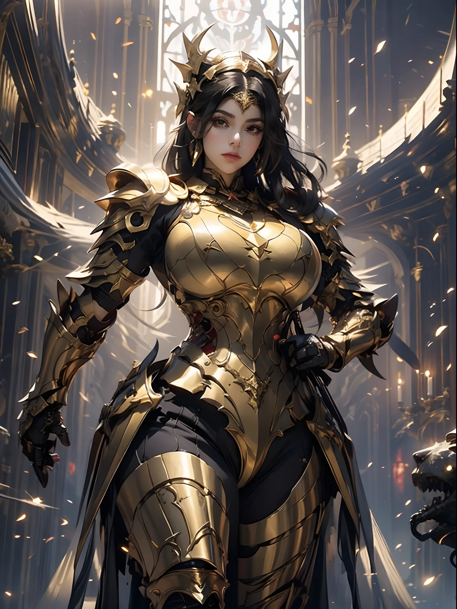 a beautiful golden-greek-armored warrioress, jet-black hair, muscular, huge and heavy breasts, looking at viewer, masterpiece, best quality, 8k, blurred background, medieval fantasy castle in the background