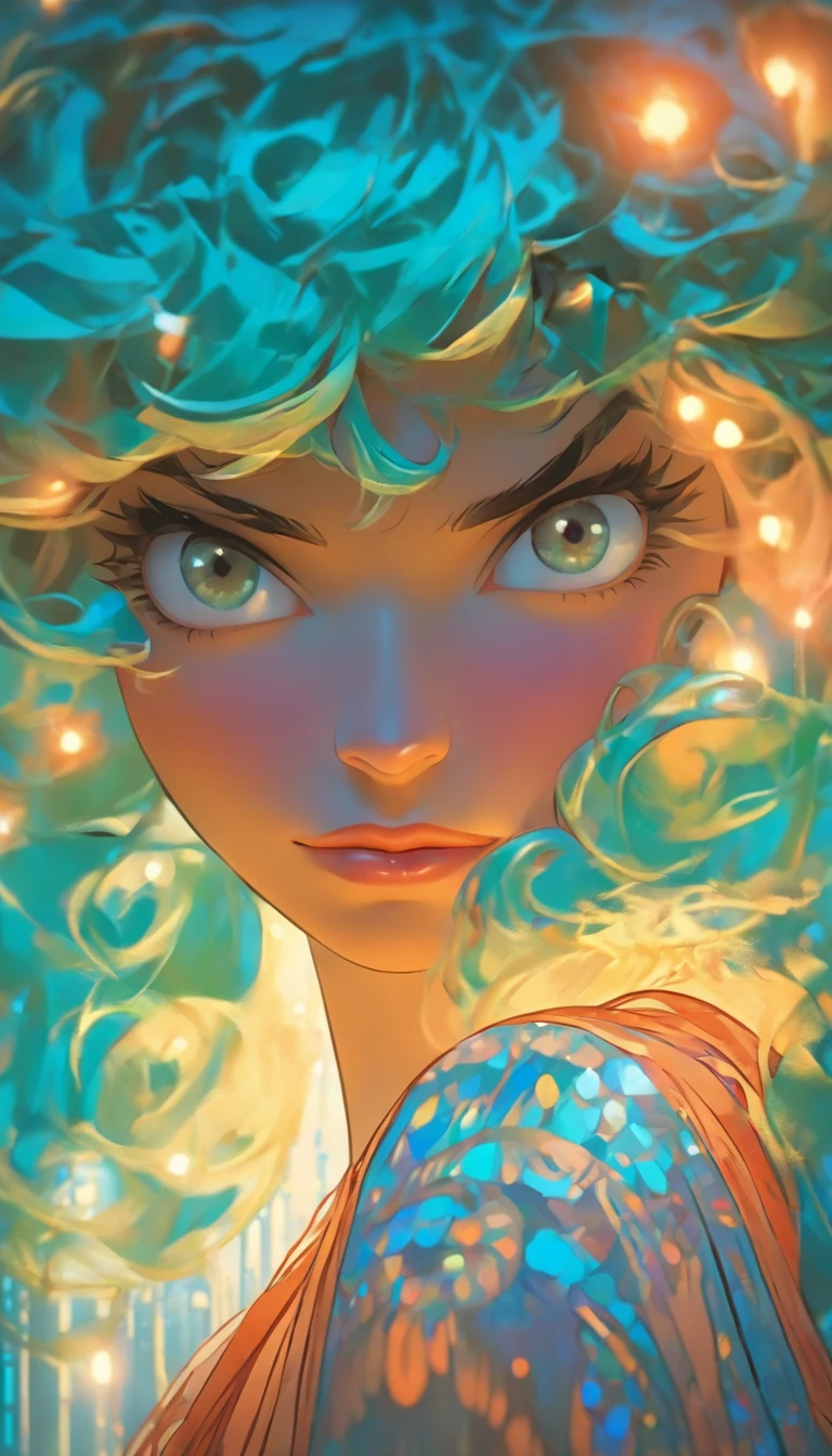 Arte hiperrealista de personagens femininas por David Hockney e Alphonse Mucha, arte de fantasia, Arte realista, dynamic lighting, art-station, volumeric lighting, Rostos altamente detalhados, 8 mil,Full HD, Concedido,, 1girl, No escuro, sombra profunda, discreto, Cowboy baleado, (Traje Oficial: 1.4), Cabelos compridos, cana, cabelo com luzes pretas