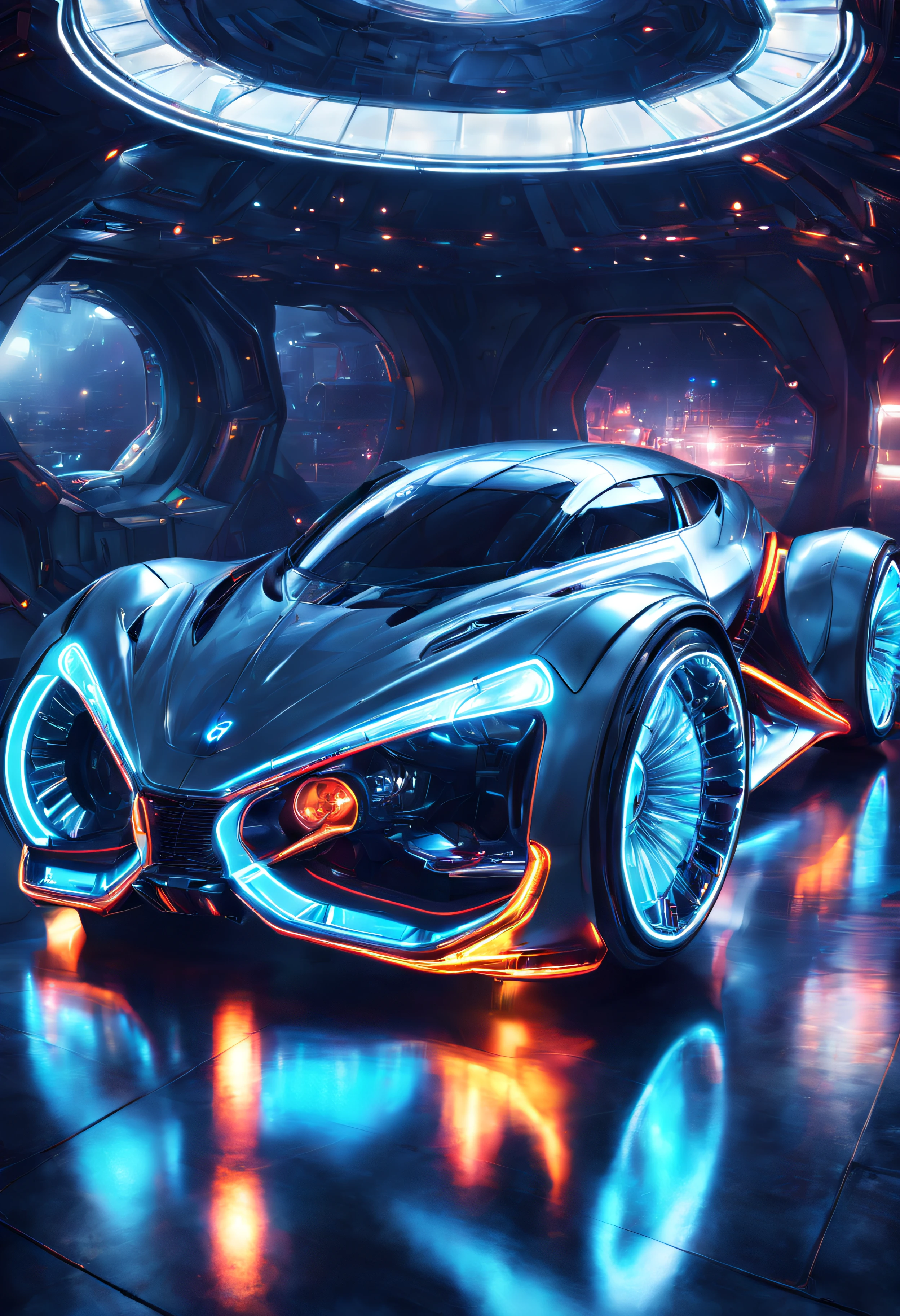 futuristic car, in space hangar, dim light, neon lights from the top, high reflection, alienzkin