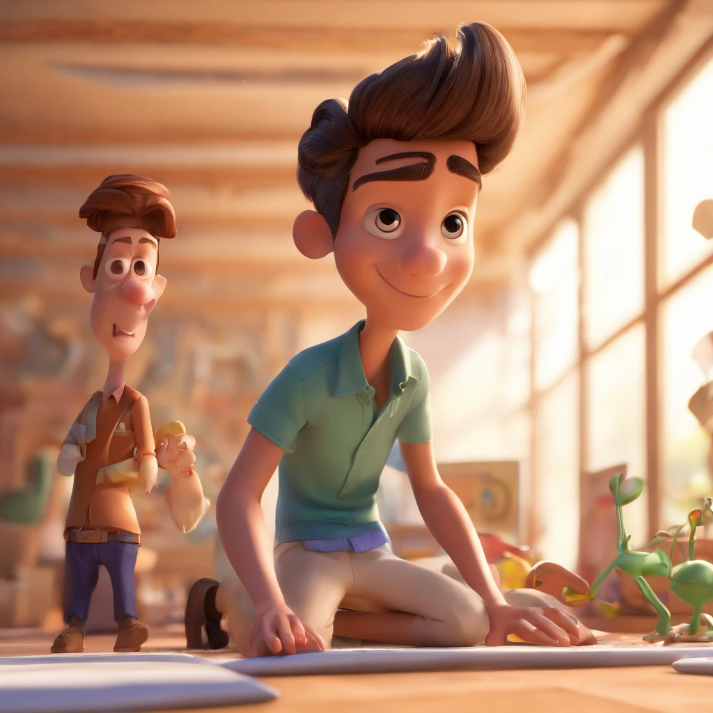 Create a Disney Pixar-inspired poster with three characters, one of which is short in stature, white, with little blonde hair, brown eyes , Average body structure , A man of medium height, light brunette, with dark brown hair, brown eyes , Medium body structure and A tall white man with black hair brown eyes in a purple real estate