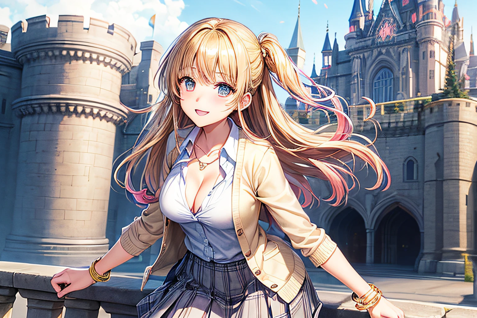 ((worst quality, low-quality)), masutepiece,Best Quality,ultra-detailliert, (School Uniforms:1.2), Solo, (gals:1.2), plump shiny lips, Beautiful clear eyes, (The best smile), Spoken Heart, Leaning forward, (Dynamic Pose:1.2), (Beige cardigan:1.3), ((cleavage, Unbuttoned):1.2), ((Beige,Plaid pleated skirt):1.2), ((Necklace,Colorful bracelets,X Hair Ornament):1.2), (Shining sunlight), (Castles), (Theme Park Background),