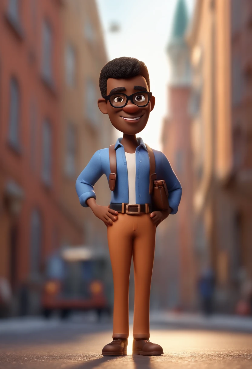 Cartoon character of a black man wearing black glasses and a blue shirt, um personagem animado, Caractere estilizado, animation style rendering, 3D estilizado, Arnold Maya render, 3 d render stylized, toon render keyshot, Personagem 3D, Personagem 3D, 3d rendering stylized, 3 d character render, personagem de desenho animado, Personagem de close up, Pose de personagem, (Estilo Pixar) (master part:1.2) (Bokeh) (best quality) (pele detalhada) (textura detalhada) (8k) (argila) (Cinematic lighting) (foco nítido,Senta e vaza a parte superior do corpo