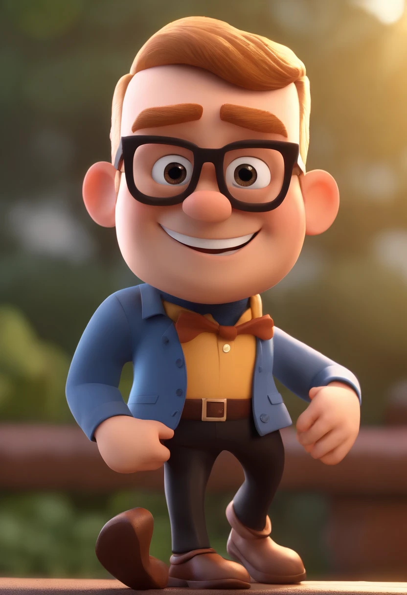 Cartoon character of a man wearing black glasses and a blue shirt, um personagem animado, Caractere estilizado, animation style rendering, 3D estilizado, Arnold Maya render, 3 d render stylized, toon render keyshot, Personagem 3D, Personagem 3D, 3d rendering stylized, 3 d character render, personagem de desenho animado, Personagem de close up, Pose de personagem, (Estilo Pixar) (master part:1.2) (Bokeh) (best quality) (pele detalhada) (textura detalhada) (8k) (argila) (Cinematic lighting) (foco nítido，Senta e vaza a parte superior do corpo