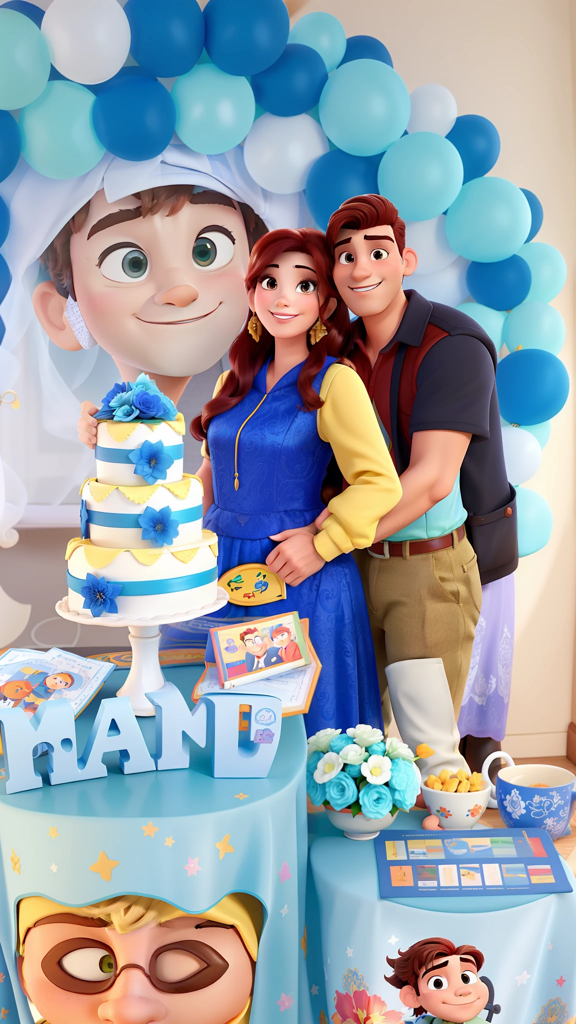 Casal (homem moreno e mulher branca) no estilo Disney Pixar, alta qualidade, melhor qualidade.