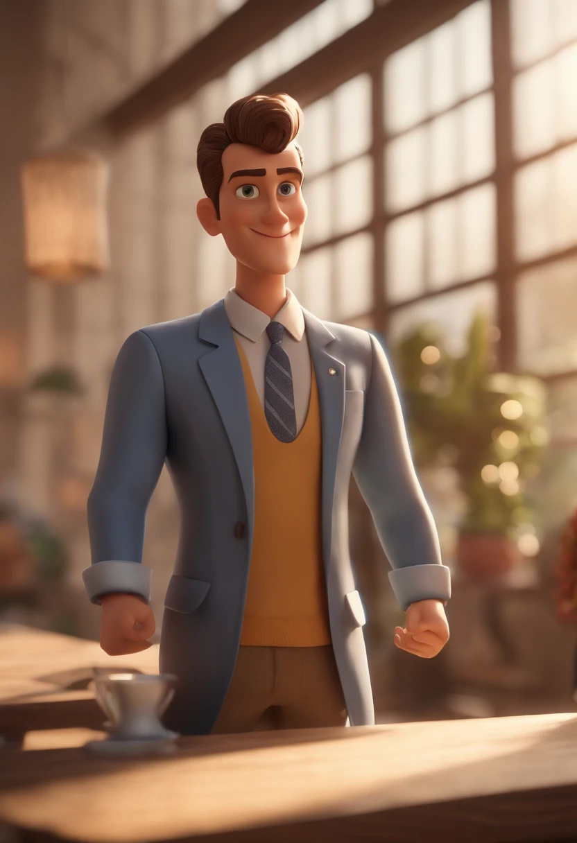 The image is 3D format Pixar features a small young man wearing suit and tie, Standing in a room. He is smiling and appears to be posing for a photo. O homem tem cabelo curto, Green eyes and is wearing a blue tie, What adds a pop of color to your outfit. He's also holding a book, possibly a Bible, in the hand. The man's attire and accessory give the impression of a formal or professional setting.