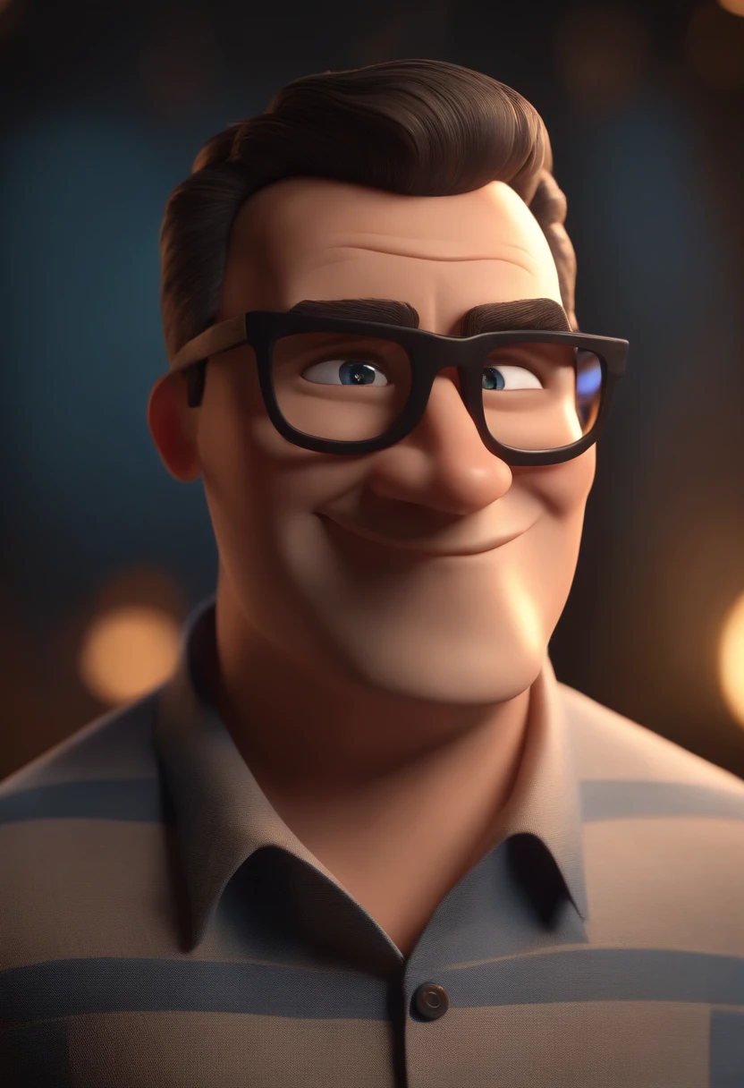 Cartoon character of a man wearing black glasses and a blue shirt, um personagem animado, Caractere estilizado, animation style rendering, 3D estilizado, Arnold Maya render, 3 d render stylized, toon render keyshot, Personagem 3D, Personagem 3D, 3d rendering stylized, 3 d character render, personagem de desenho animado, Personagem de close up, Pose de personagem, (Estilo Pixar) (master part:1.2) (Bokeh) (best quality) (pele detalhada) (textura detalhada) (8k) (argila) (Cinematic lighting) (foco nítido,Senta e vaza a parte superior do corpo