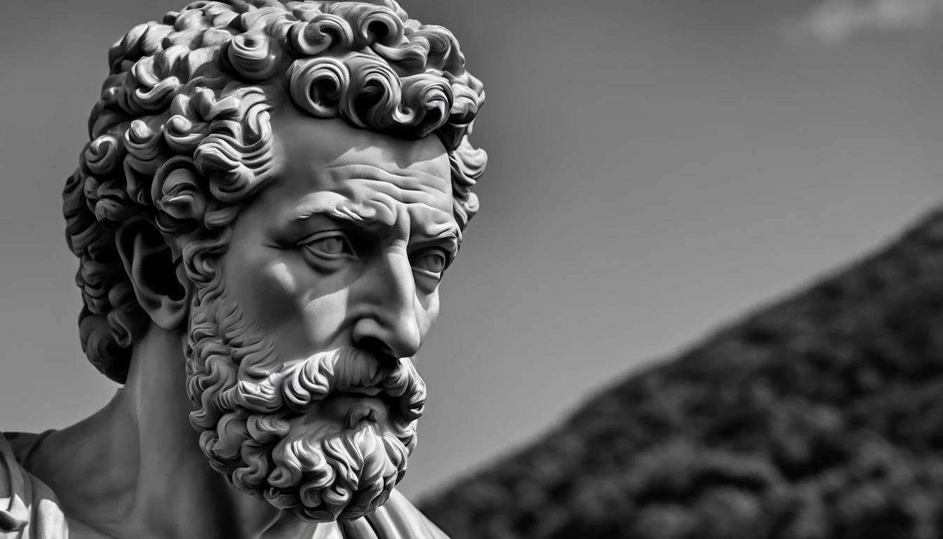 a portrait statue of the stoic Marcus Aurelius in black and white 4K,Face de lado, papel de parede super realista , sem camisa, Sintura,corpo forte,strong upper arms,tronco forte, Pointing your finger in one direction