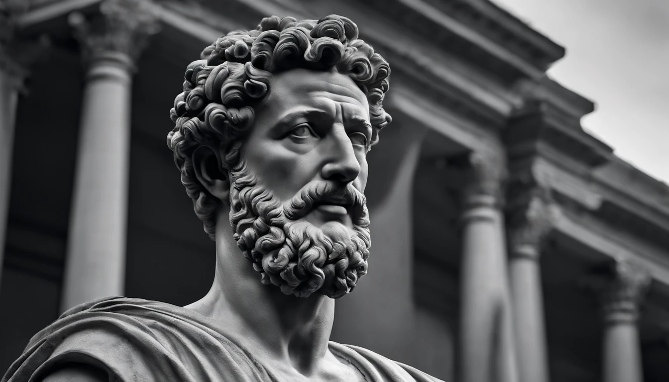 a portrait statue of the stoic Marcus Aurelius in black and white 4K,Face de lado, papel de parede super realista , sem camisa, Sintura,corpo forte,strong upper arms,