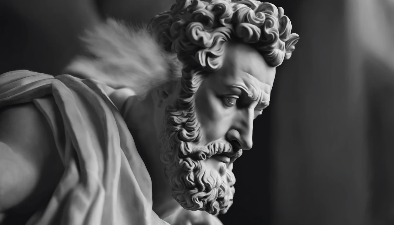 a portrait statue of the stoic Marcus Aurelius in black and white 4K,Face de lado, papel de parede super realista , sem camisa, Sintura,corpo forte,strong upper arms,tronco forte, Pointing your finger in one direction