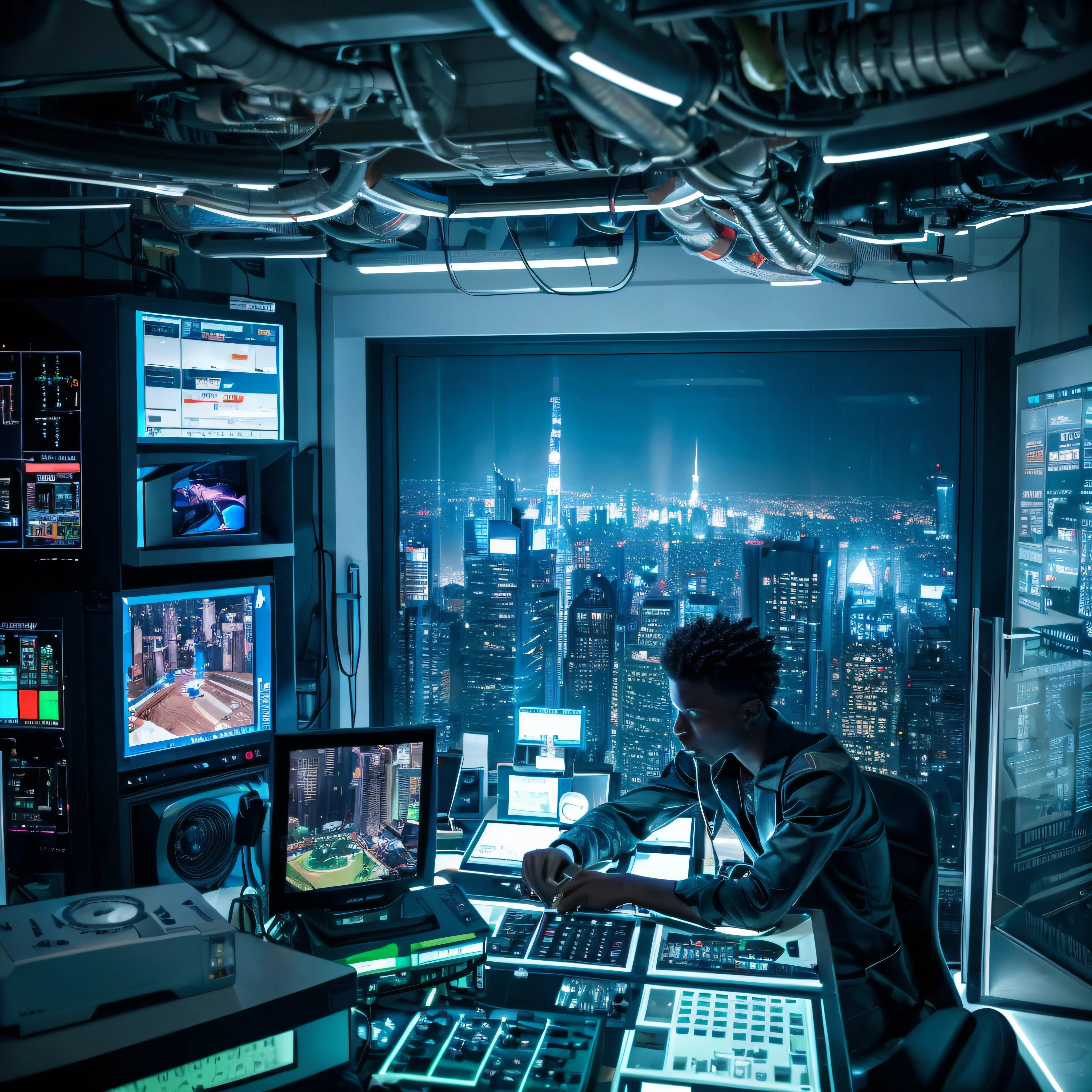 A black man finds himself immersed in his room, surrounded by a technological world while using a modern computer. Through the window, robots with a futuristic design roam an urban landscape, performing different tasks. His expression reveals a mix of fascination and reflection in the face of technological advancement, highlighting the coexistence between human life and the growing presence of automation and artificial intelligence in the contemporary world.