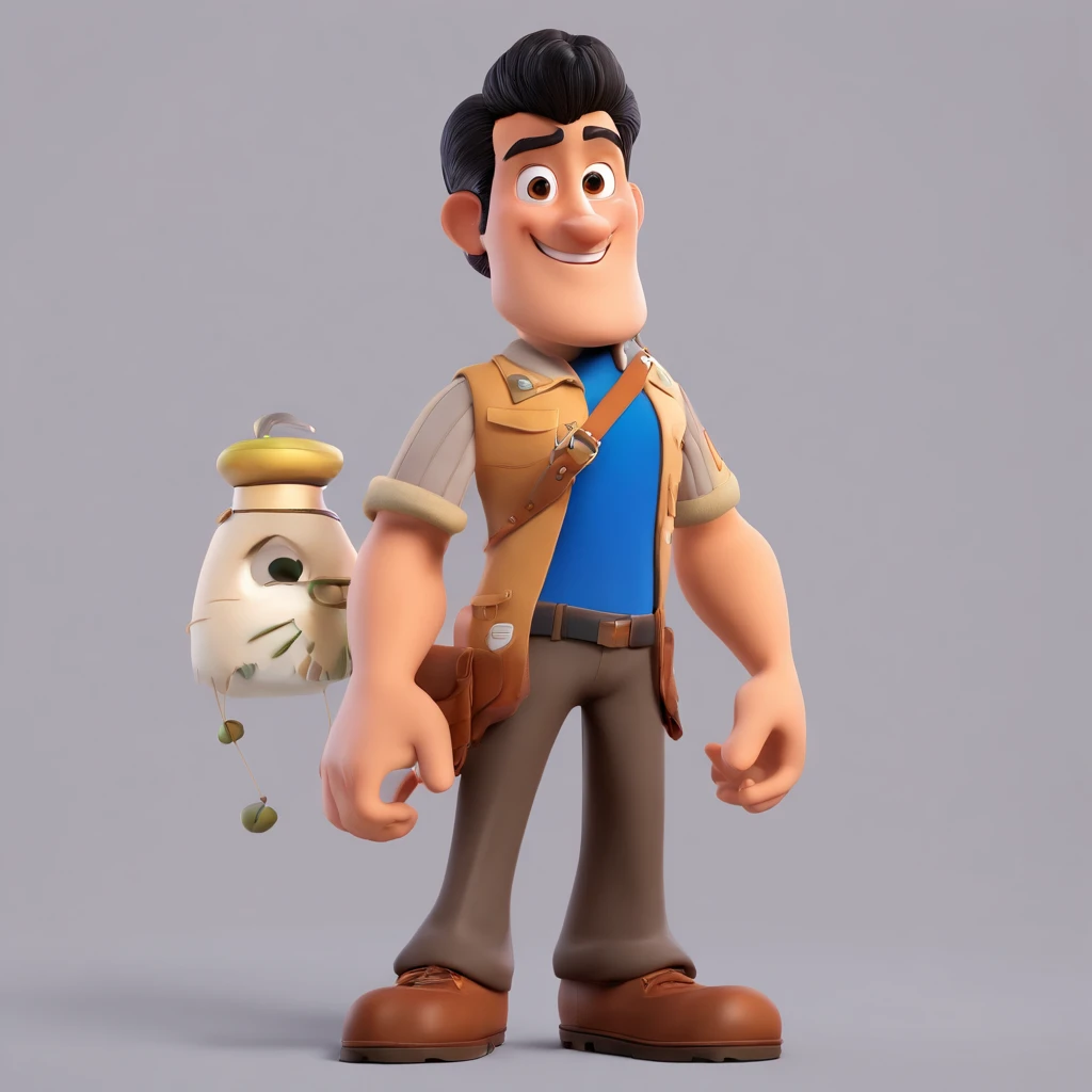Create a Disney Pixar-inspired poster with three characters, one of which is short in stature, Branco, com pouco cabelo loiro, olhos castanhos , Average body structure , A man of average height, morena clara, com cabelos castanhos escuros, olhos castanhos , Average body structure and a tall white man with black hair, brown eyes on a purple still