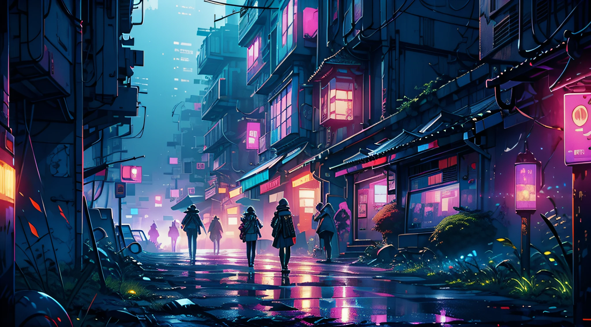 cyberpunk city, neon, fog, intricate, buildings, purple, red, cool, crazy,badass