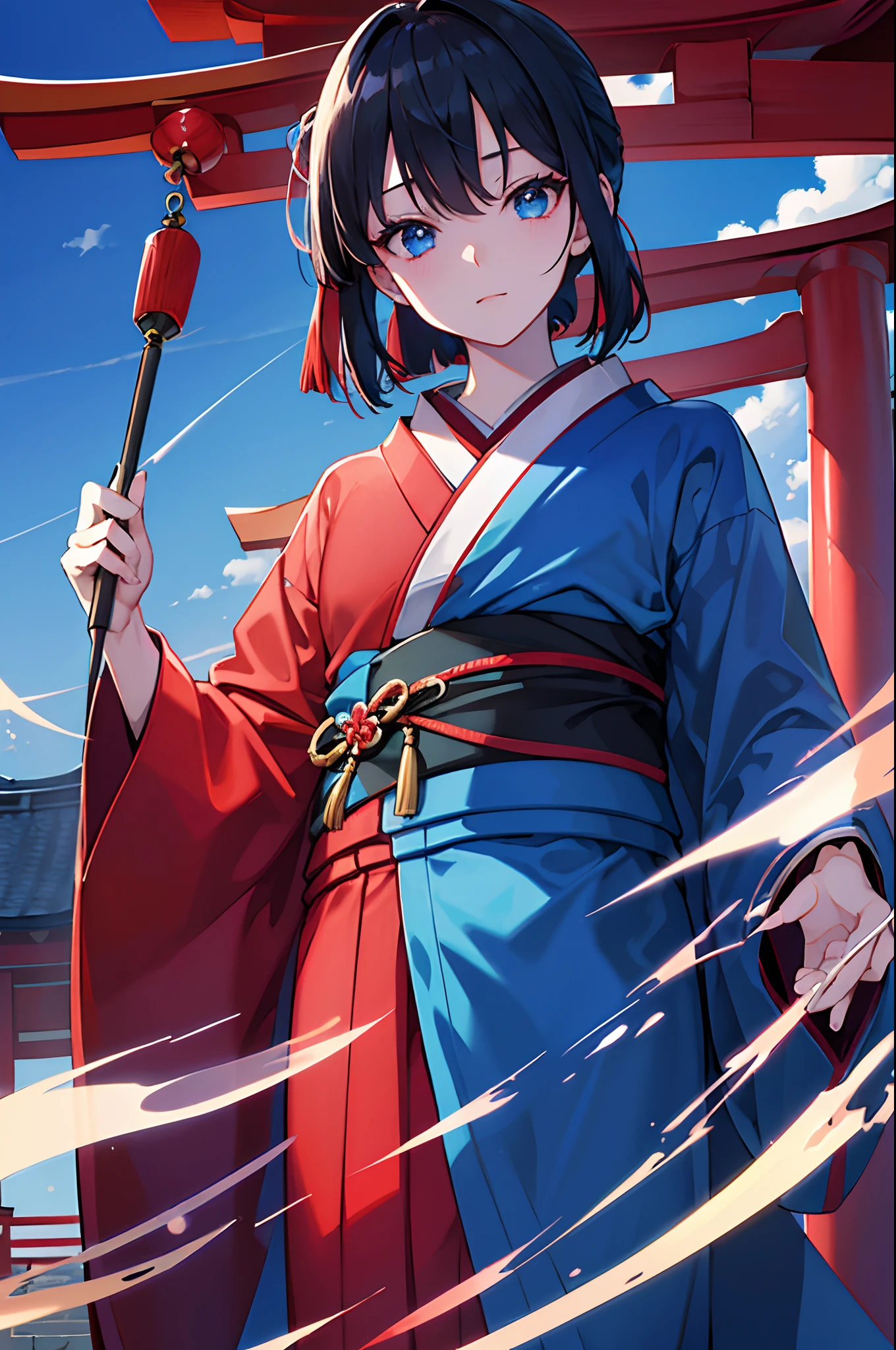A dark-haired blue eyess New Year Red kimono shrines blue-sky masterpiece Top image quality Clear Parts Cinematic Shadows Increased attractiveness of the eyes Clear the shine of the eyes Draw eyelashes neatly Perfect Eye A detailed eye Sharpen image quality Sharpen eye writing Clear eye shape