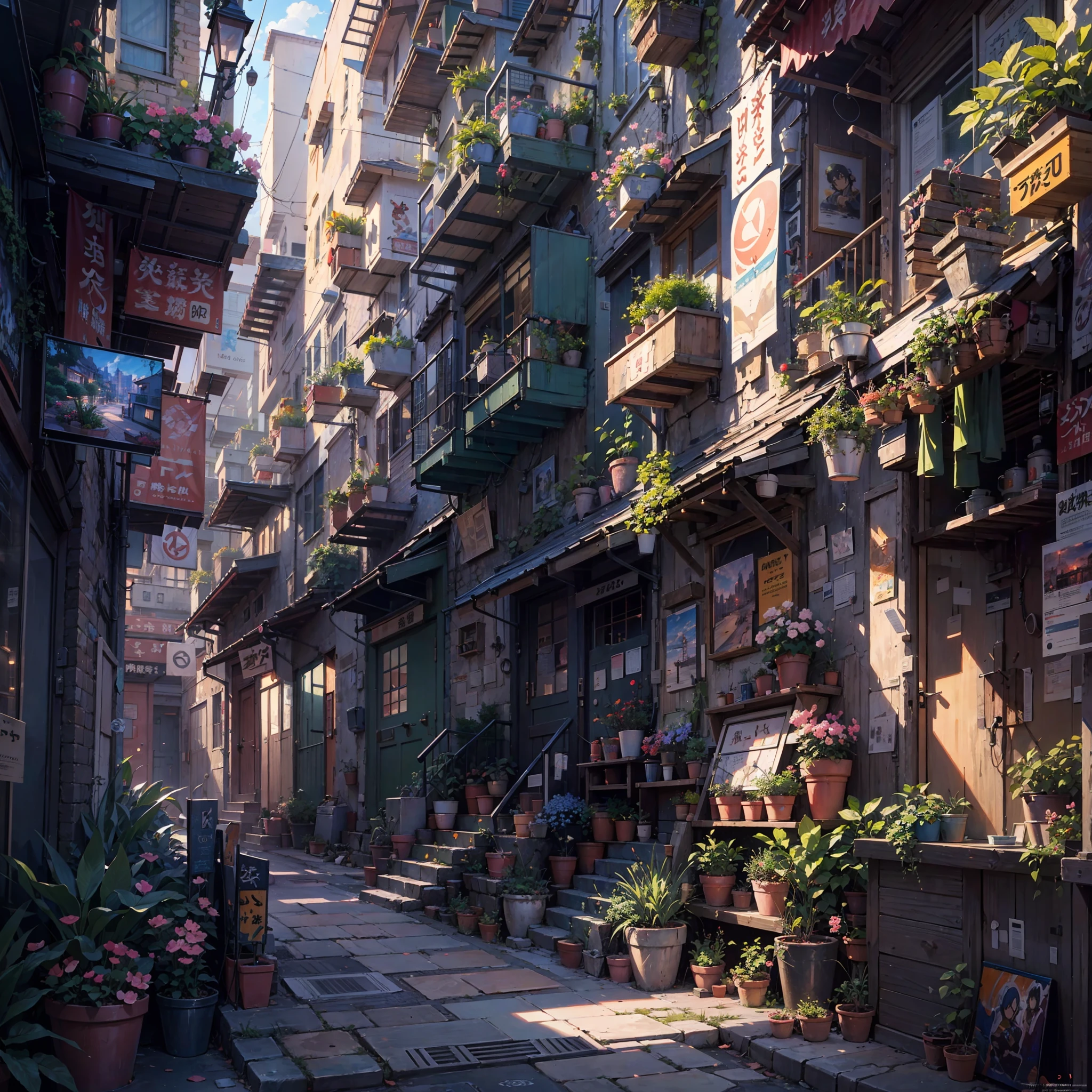 narrow alley with a lot of plants, anime background art, anime style cityscape, anime art wallpaper 8 k, anime scenery concept art, anime art wallpaper 4 k, anime art wallpaper 4k, colorful concept art, highly detailed digital painting, very detailed digital painting, japanese street, painted in anime painter studio, colorful anime movie background, alley with dead end