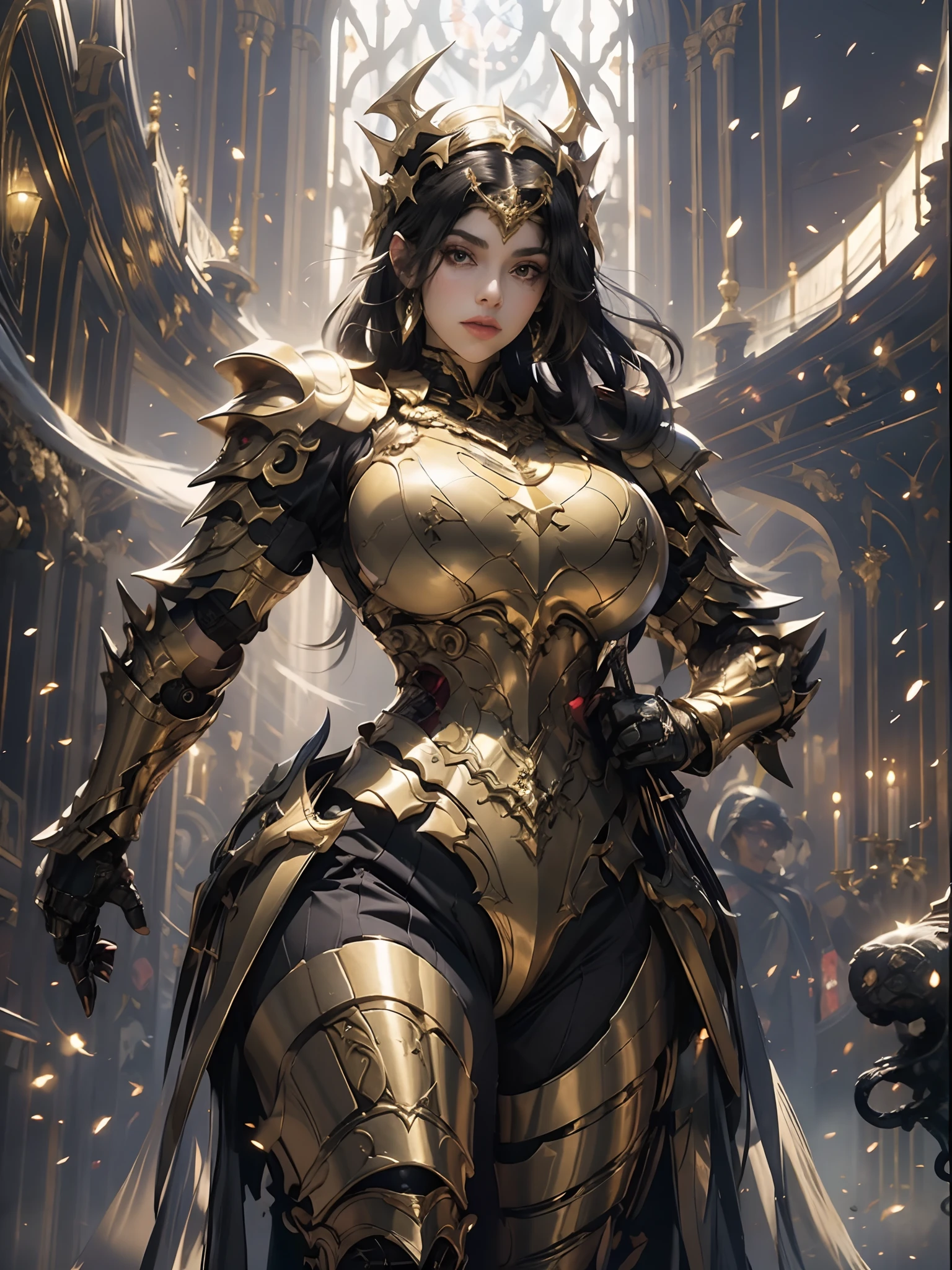 a beautiful golden-greek-armored warrioress, jet-black hair, muscular, huge and heavy breasts, looking at viewer, masterpiece, best quality, 8k, blurred background, medieval fantasy castle in the background