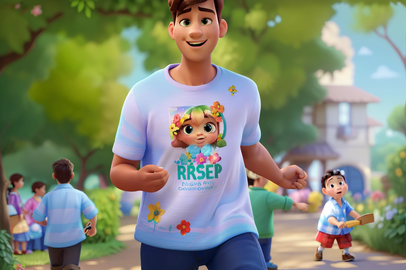 (highres,masterpiece:1.2),vibrant colors,preserving the shirt pattern,beautifully detailed Pixar-style artwork,toy-like characters with expressive eyes and lively poses,picturesque background resembling a garden,soft natural lighting,rich texture and brushstrokes,attention to fine details,whimsical and playful atmosphere,memorable and heartwarming scene