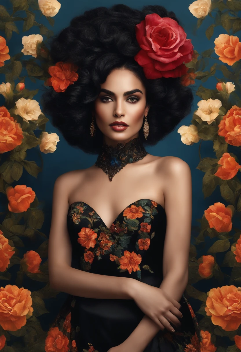 Mulher morena escura cabelo erolado preto olhos negros vestido azul com flores camisa preta busa creme fazndo bolos em u.a confeitaria