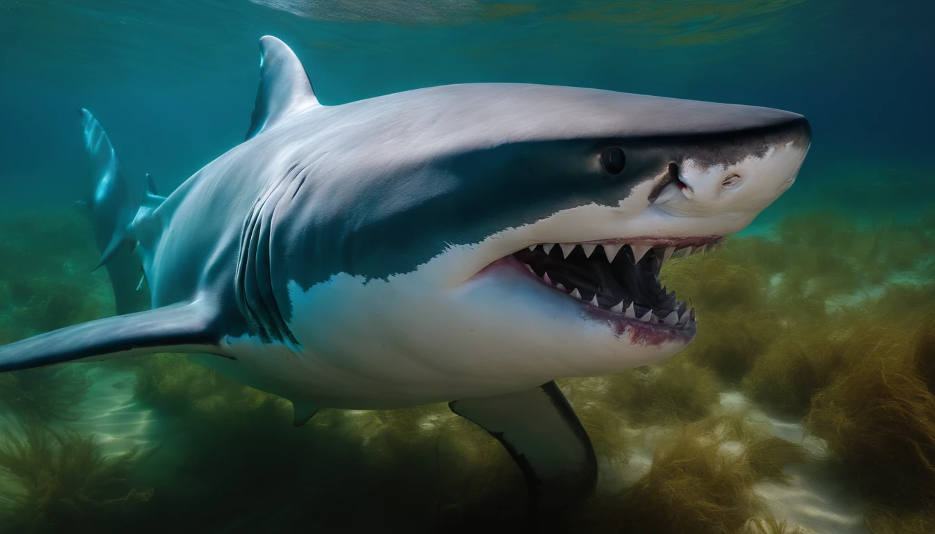 A huge white shark with its mouth open and scary swimming towards me