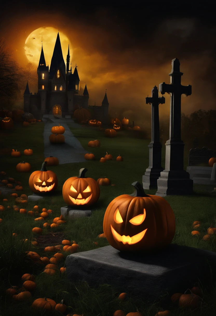 Halloween background with spooky candles of pumpkins in the cemetery at night with a castle background. Inspirado na disney/Pixar. Um homem, It's tall and skinny, 25 anos, moreno, tem olhos castanhos, with silver glasses, ele tem sinais no rosto, sem braba, he's wearing a Batman t-shirt and jacket