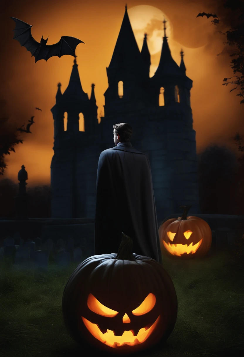 Halloween background with spooky candles of pumpkins in the cemetery at night with a castle background. Inspirado na disney/Pixar. Um homem, It's tall and skinny, 25 anos, moreno, tem olhos castanhos, with silver glasses, ele tem sinais no rosto, sem braba, he's wearing a Batman t-shirt and jacket
