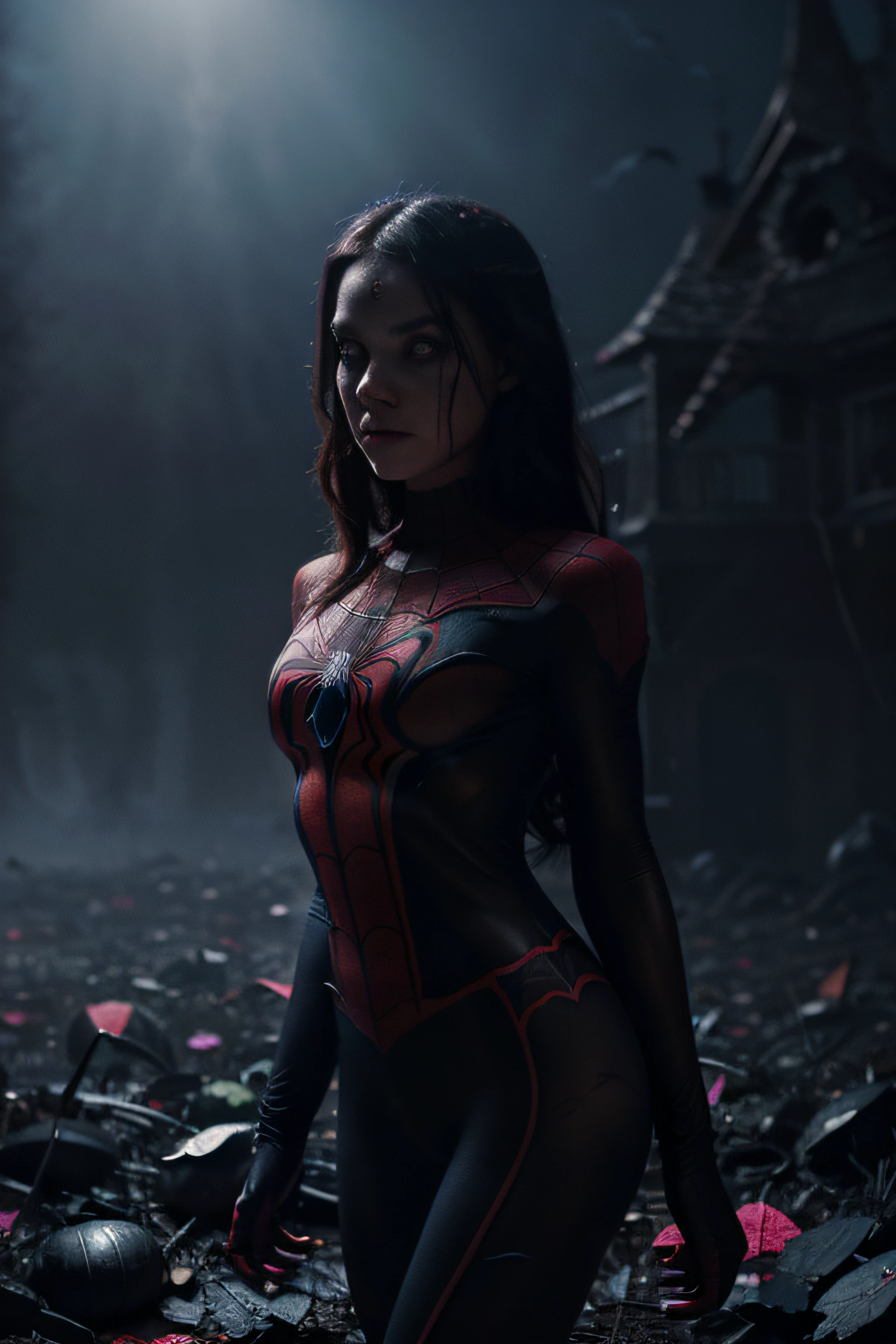 a girl in a Spiderman suit, without a mask, in Halloween mode,illustration,ultra-detailed,highres,(brightly colored,vibrant colors),(spooky,creepy,haunting) atmosphere,(sinister shadows,dramatic lighting),twisted landscape,fallen leaves,spider webs,bats,foggy background