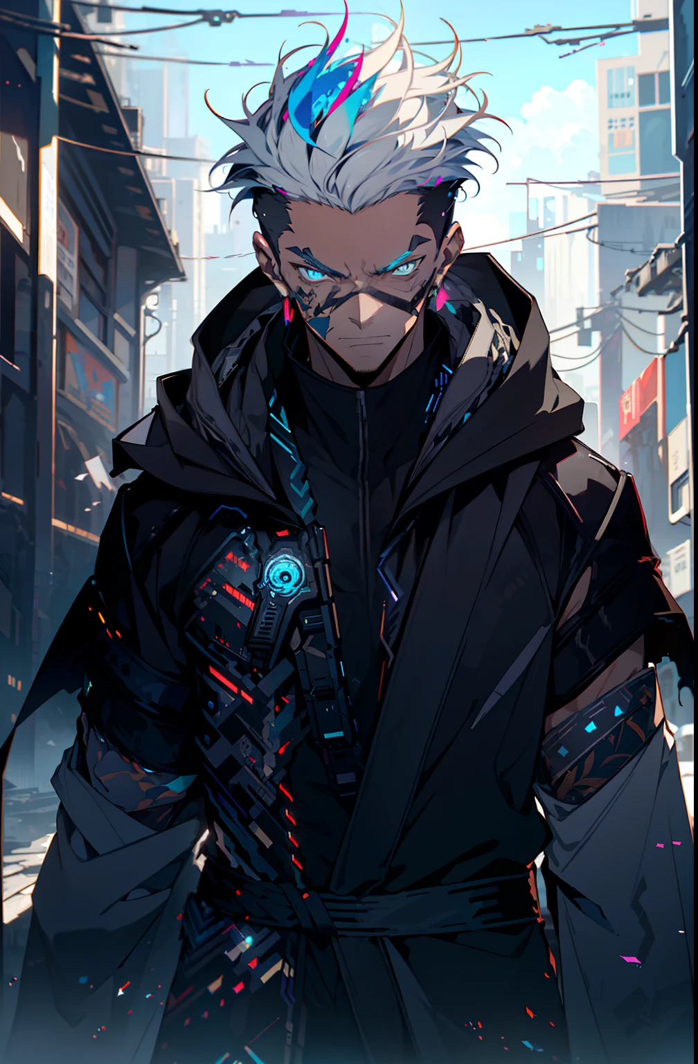 Cyberpunk male, fantasy world, dark background, clean design, epic instagram, artstation, colorful paint splatter, silhouette, hyper detailed intricate details, unreal engine, fantasy, intricate details, splash screen, complementary colors, Fantasy concept art, 8k resolution, deviantart masterpiece, oil painting, heavy strokes, paint dripping, (isolated on white background: 1.3), rainbow skin, (((handsome young man))), ((age:1.5) ), (glowing blue eyes), ((light eyes)), ((((short white hair: 1.1))), ((black clothes)), (prince\\(indifferent expression\\),, ( ((Wears high detail luxurious black robe))), white hair, frost magic, ((chest) --v 6