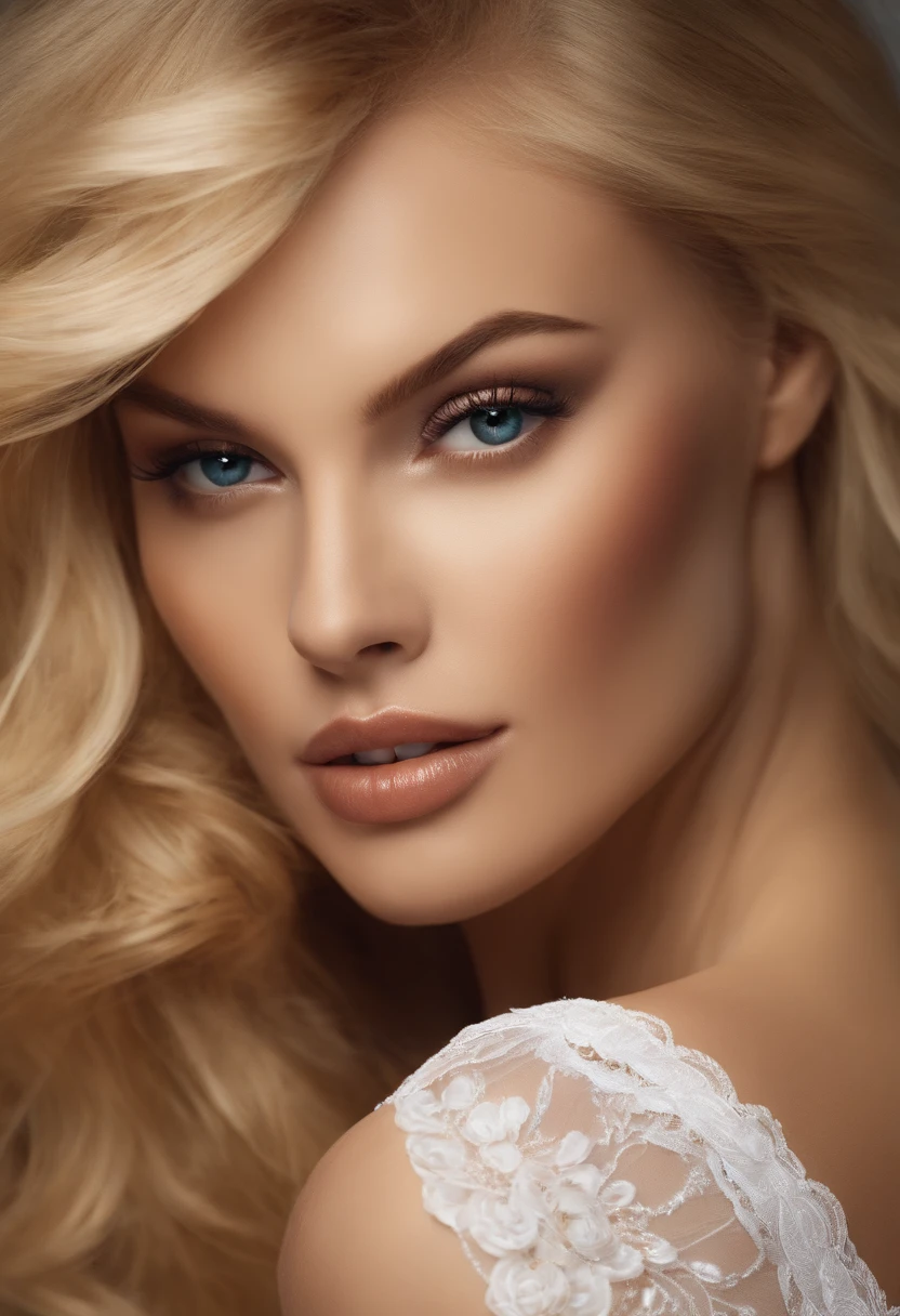 She should have white lingerie, blonde hair, white skin, ultra detailed skin, ultra detailed facial features, ultra detailed body details, sexy and provocative details.