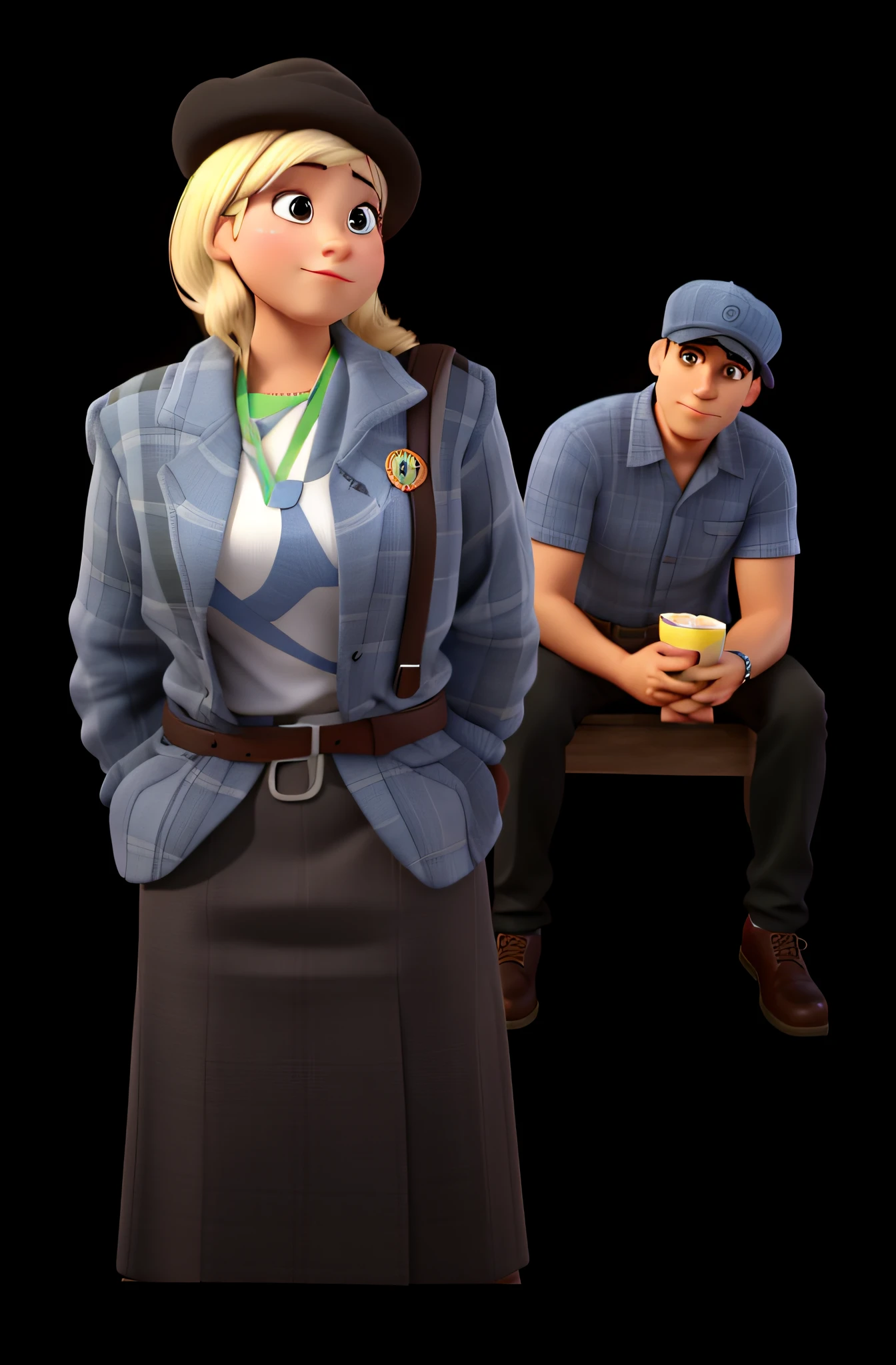A woman standing in front, A Man Behind Sitting, estilo disney pixar, alta qualidade, melhor qualidade