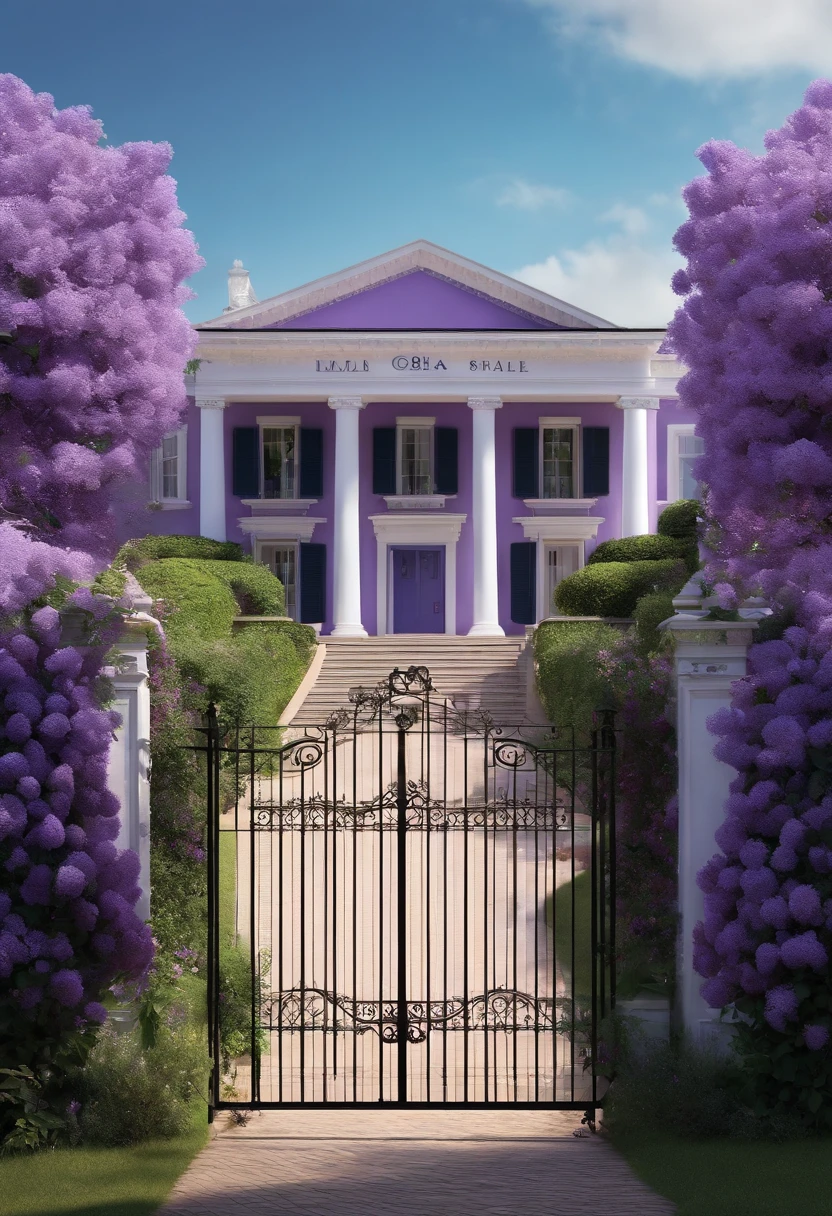 filme GIO estilo filmes Pixar, Com nome "GIO aesthetics", Poster with lilac house and white gate with credits