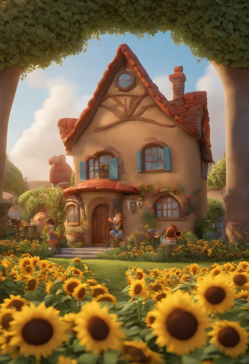 Create a Disney PIXAR-style 3D poster. ((centro da imagem, Triplets)), ((3 children)) ((1 menino no meio e 2 meninas ao lado, They're hugging each other, O menino tem pele castanha e cabelos castanhos escuros e olhos castanhos escuros, 1 menina tem pele clara, olhos e cabelos escuros e cacheados, e a outra menina tem pele morena, olhos escuros e cabelos escuros e lisos)) ((tudo isso no estilo Disney PIXAR 3D, In the background, A house of sunflowers, Gloria Studio, The garden is full of nature 3D render RTX clay material, estilo de design cartunesco, POP Mart, soft lighting, linhas suaves, Spring tilt, Detailed illustrations of PIXAR 3D, Detalhes hiper-realistas, cor quente no estilo Disney PIXAR 3D))