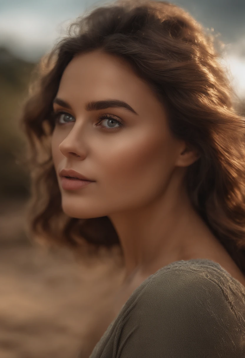 Full body photo of a stunning girl, Wear a low-cut top, very heavy bust, wavy hair, beside the beach, look at the camera, symmetrical eyes, symmetrical face, photorealistic, Filmmaker, Route tracking, specular lighting, Volumetric light for face, hair path, visible shadows, intricate, elaborate, hyper realistic