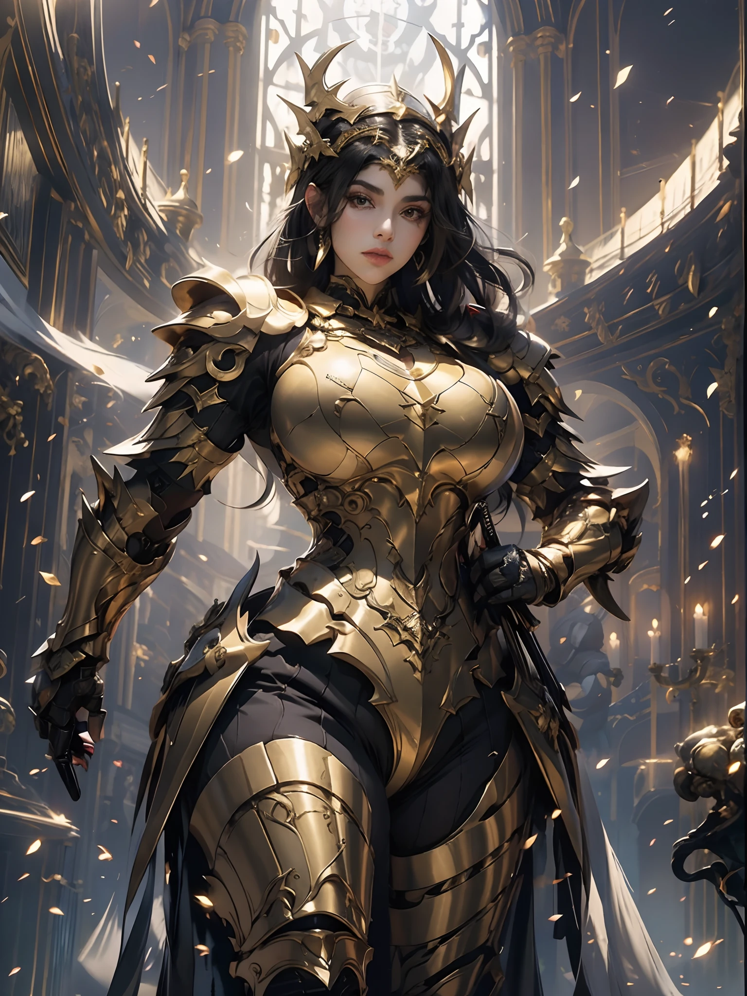 a beautiful golden-greek-armored warrioress, jet-black hair, muscular, huge and heavy breasts, looking at viewer, masterpiece, best quality, 8k, blurred background, medieval fantasy castle in the background