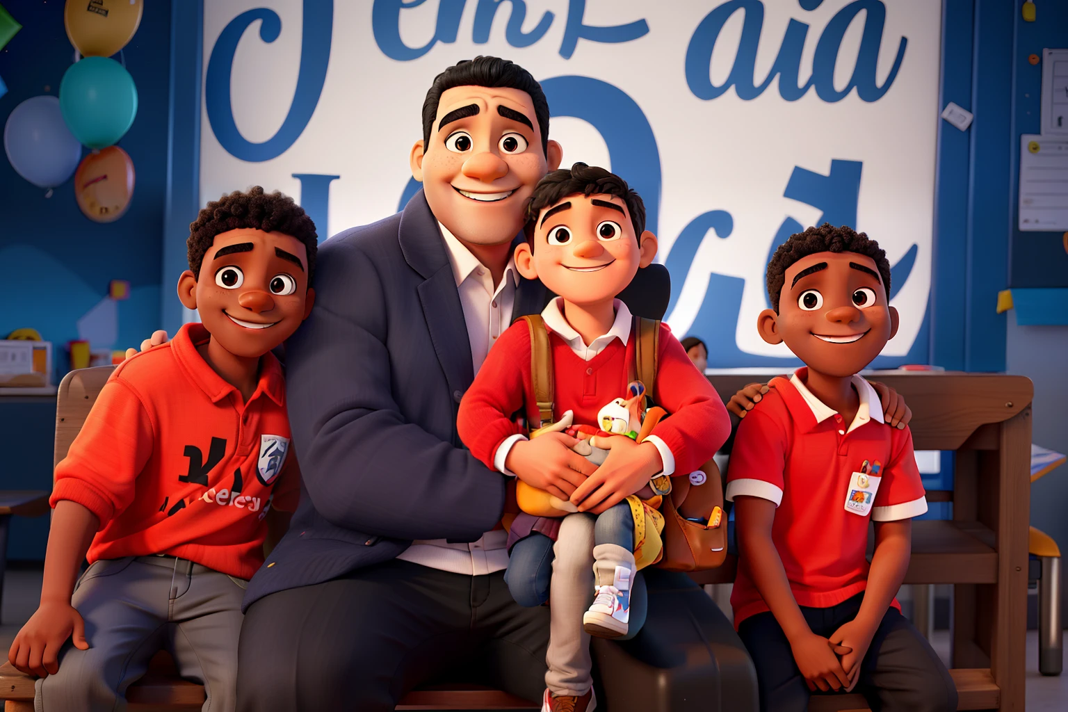 Happy family at school, homem negro e gordinho com 33, 8 year old black child smiling, 4 year old white boy with bag in hand, menino marrom de 6 anos sorrindo.