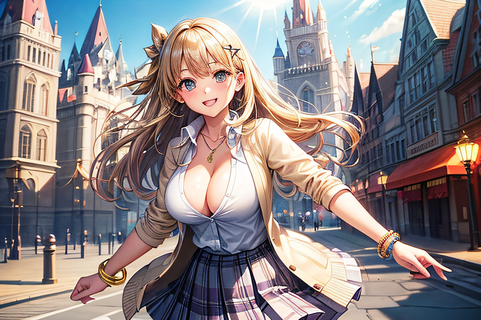 ((worst quality, low-quality)), masutepiece,Best Quality,ultra-detailliert, (School Uniforms:1.2), Solo, (gals:1.2), plump shiny lips, Beautiful clear eyes, (The best smile), Spoken Heart, Leaning forward, (Dynamic Pose:1.2), (Beige cardigan:1.3), ((cleavage, Unbuttoned):1.2), ((beige,Plaid pleated skirt):1.2), ((Necklace,Colorful bracelets,X Hair Ornament):1.2), (Shining sunlight), (Castles), (Theme Park Background),