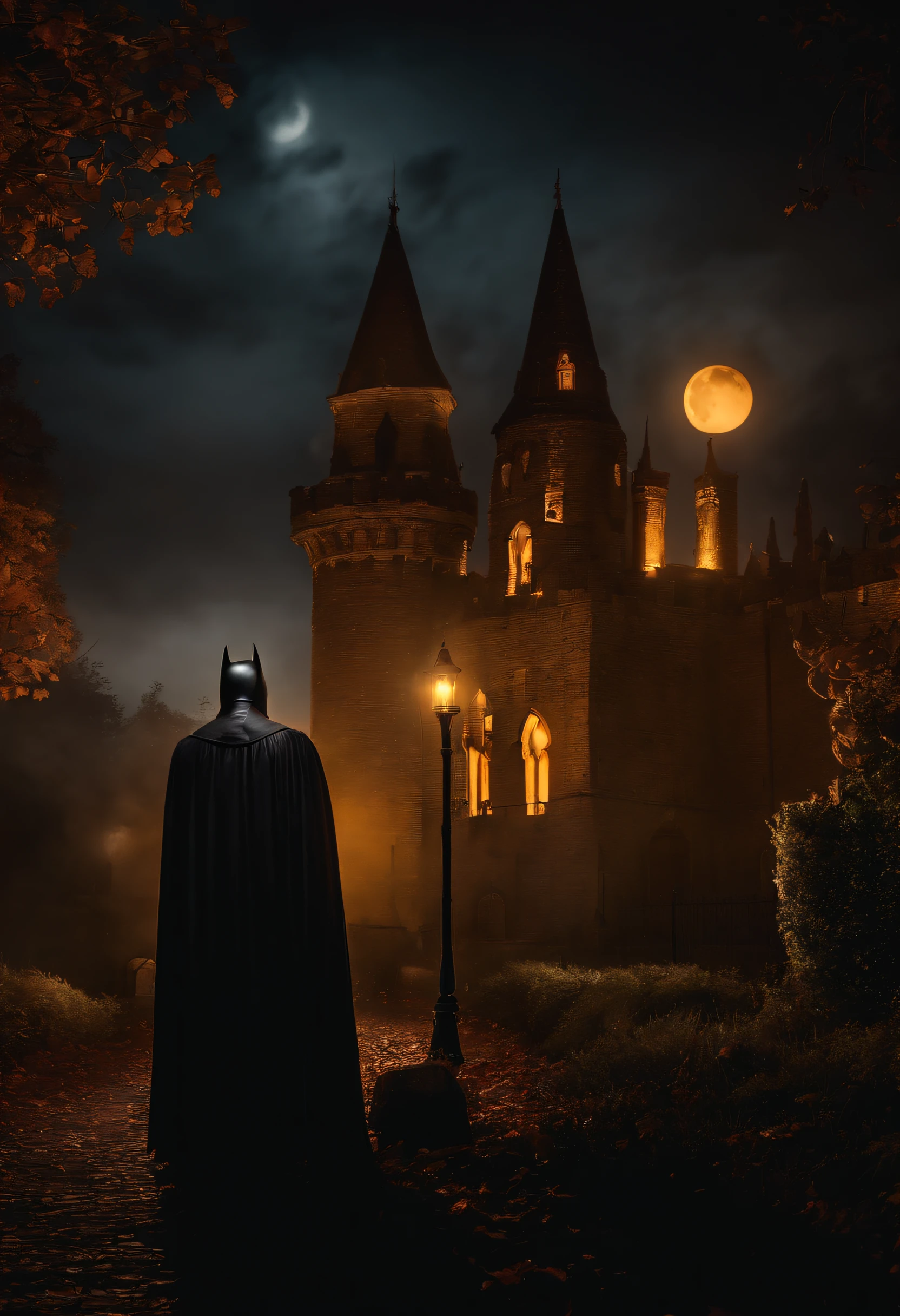 Halloween background with spooky candles of pumpkins in the cemetery at night with a castle background. Inspirado na disney/Pixar. Um homem, It's tall and skinny, 25 anos, moreno, tem olhos castanhos, with silver glasses, ele tem sinais no rosto, sem braba, he's wearing a Batman t-shirt and jacket