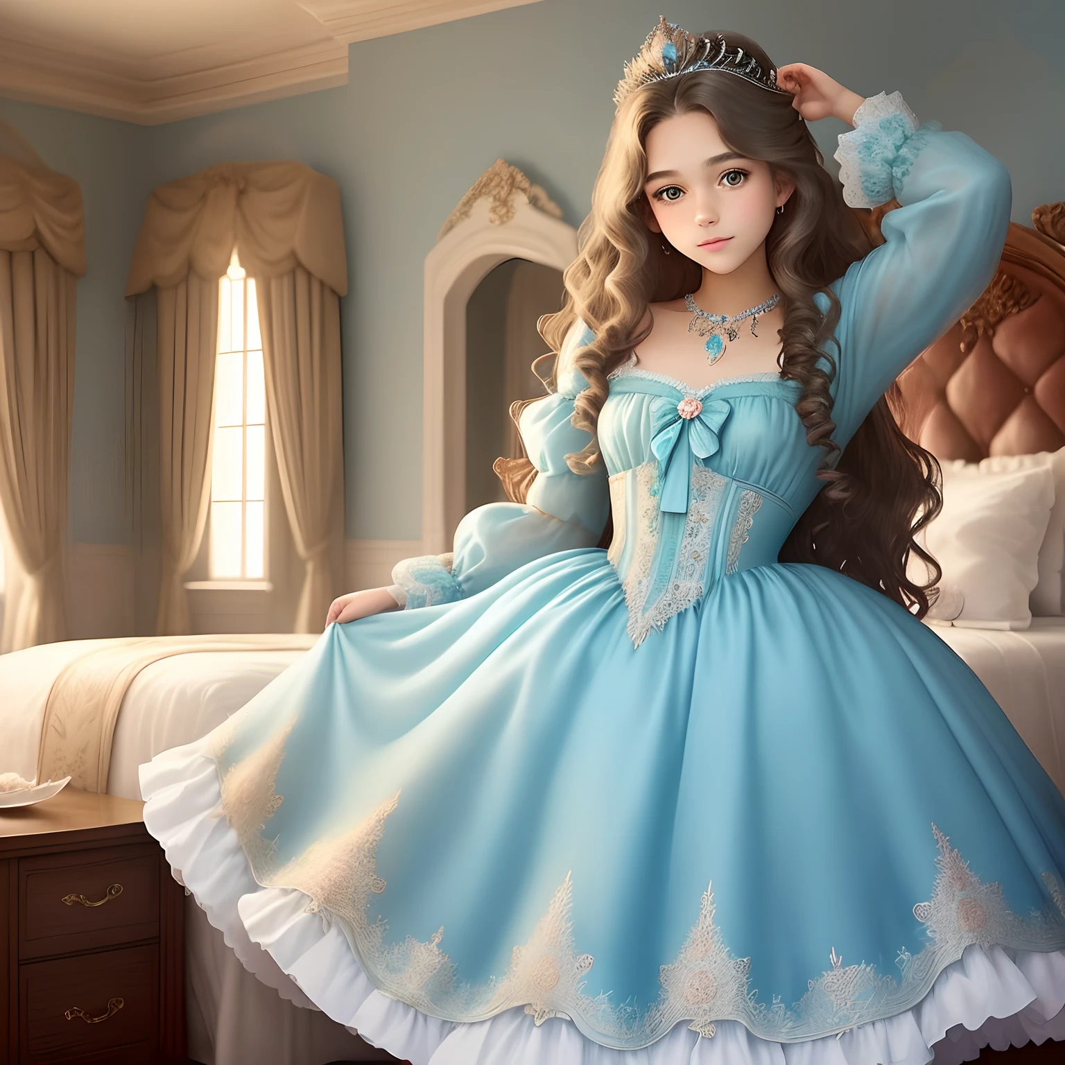Make a beautiful palace bedroom blue teal theme. Make a princess age girl in a fancy and beautiful dress, beautiful hazel eyes, luscious brown wavy hair. Have the girl using an iPad. Make her look cozy and mysterious and realistic