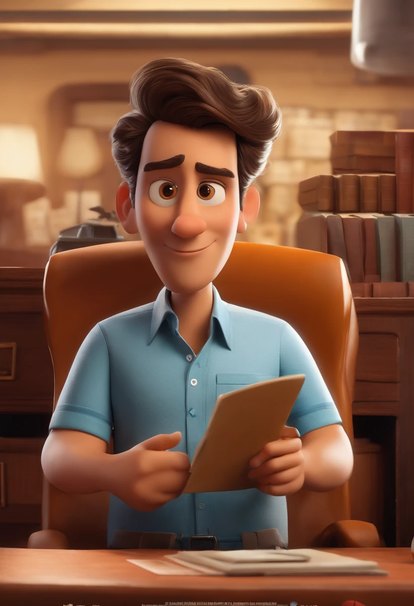 A Disney-Pixar-style 3D movie poster of a 34-year-old man, 1.80 metros de altura, Atarracado, com cabelo preto e barba grisalha. He's a speaker, vestido com uma camisa de gola alta, a businessman, and is of Brazilian and Greek descent. Ele usa um pequeno colar e um anel dourado. Your face is a little round, with small black eyes and a smiling expression. He's in an office, Contemplating how he has helped countless entrepreneurs achieve success in their careers through his training.