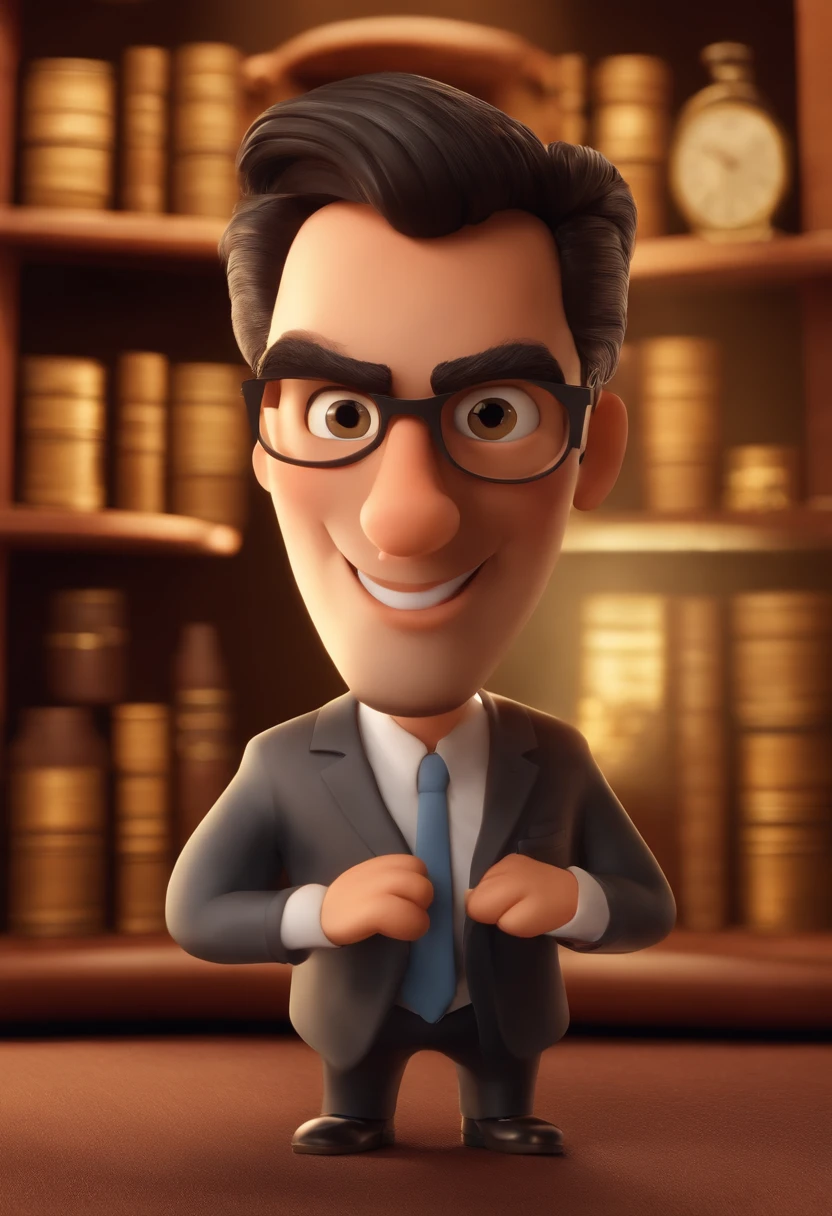 A Disney-Pixar-style 3D movie poster of a 34-year-old man, 1.80 metros de altura, Atarracado, com cabelo preto e barba grisalha. He's a speaker, vestido com uma camisa de gola alta, a businessman, and is of Brazilian and Greek descent. Ele usa um pequeno colar e um anel dourado. Your face is a little round, with small black eyes and a smiling expression. He's in an office, Contemplating how he has helped countless entrepreneurs achieve success in their careers through his training.