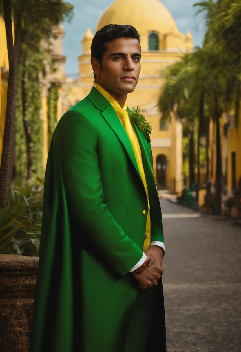 Casimiro miguel apresentador Jovem de 27 anos Presidente do Brasil com faixa de presidente verde e amarelo e terno preto ultra realista parecendo uma foto