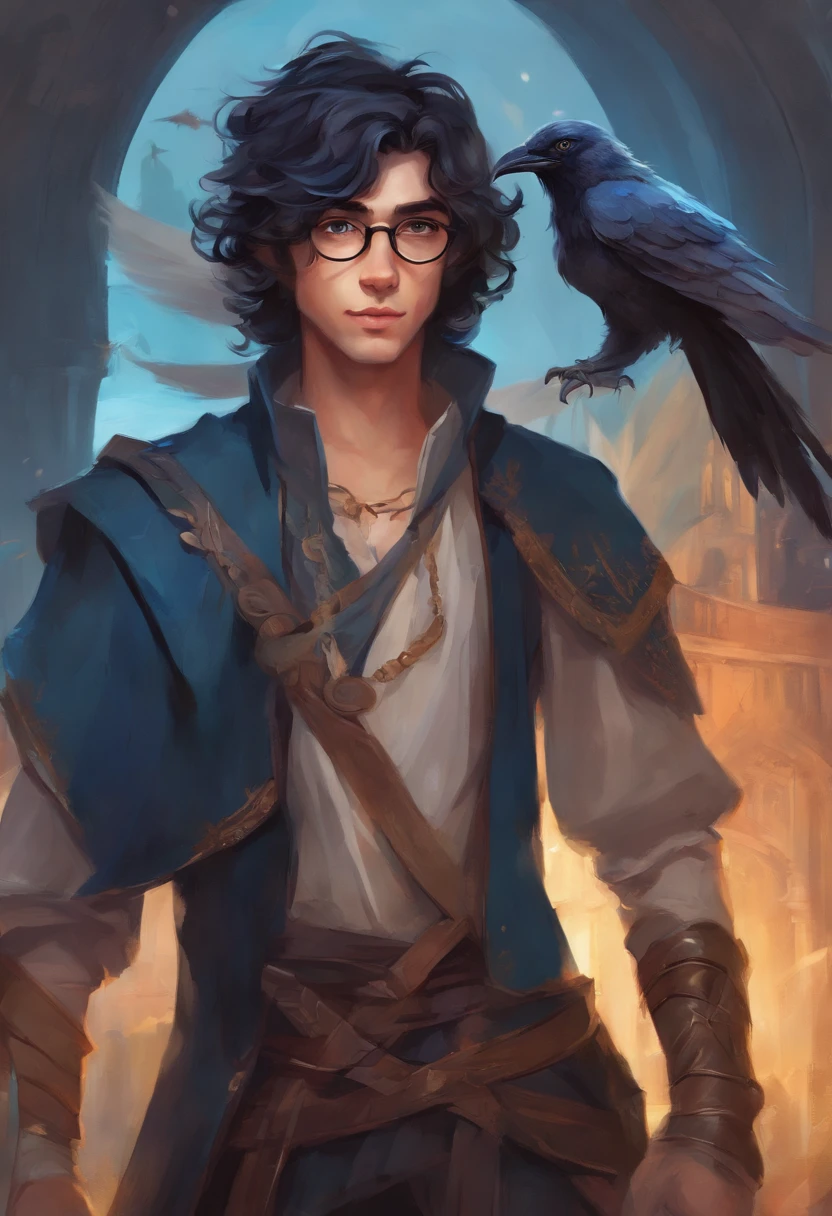 a medieval boy with wavy black hair, blue eyes, wearing glasses and a blue scarf, with a crow on his shoulder