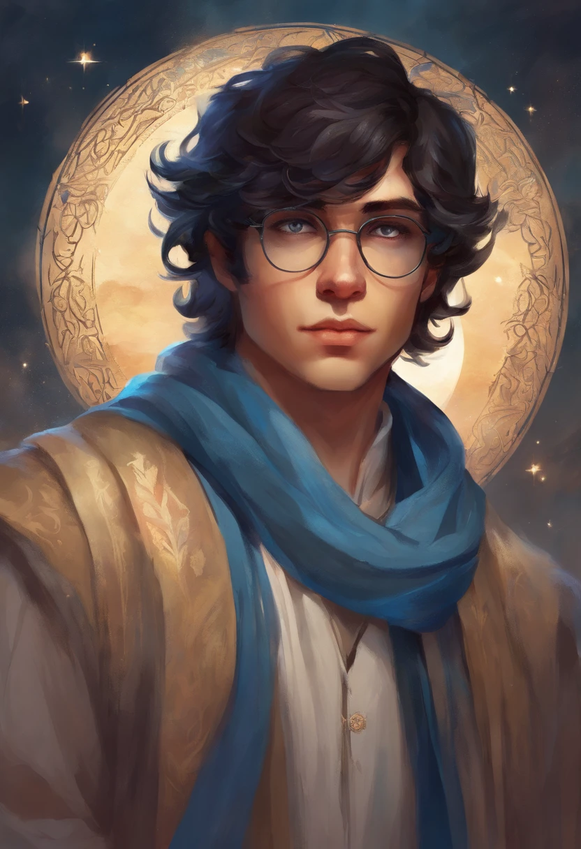 a medieval boy with wavy black hair, blue eyes, wearing glasses and a blue scarf, with a crow on his shoulder