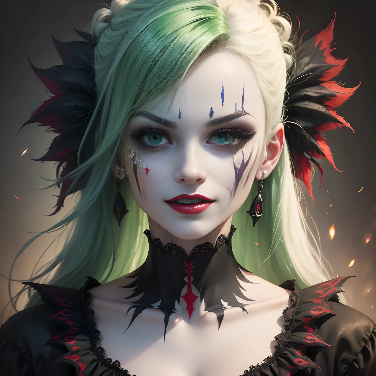 Best quality,Ultra-detailed,Realistic,Portrait,Artistic, Vibrant colors, Detailed facial features, Manic expression, Green hair, Red lipstick, Sinister smile, white face paint, eerie lights, Gothic background