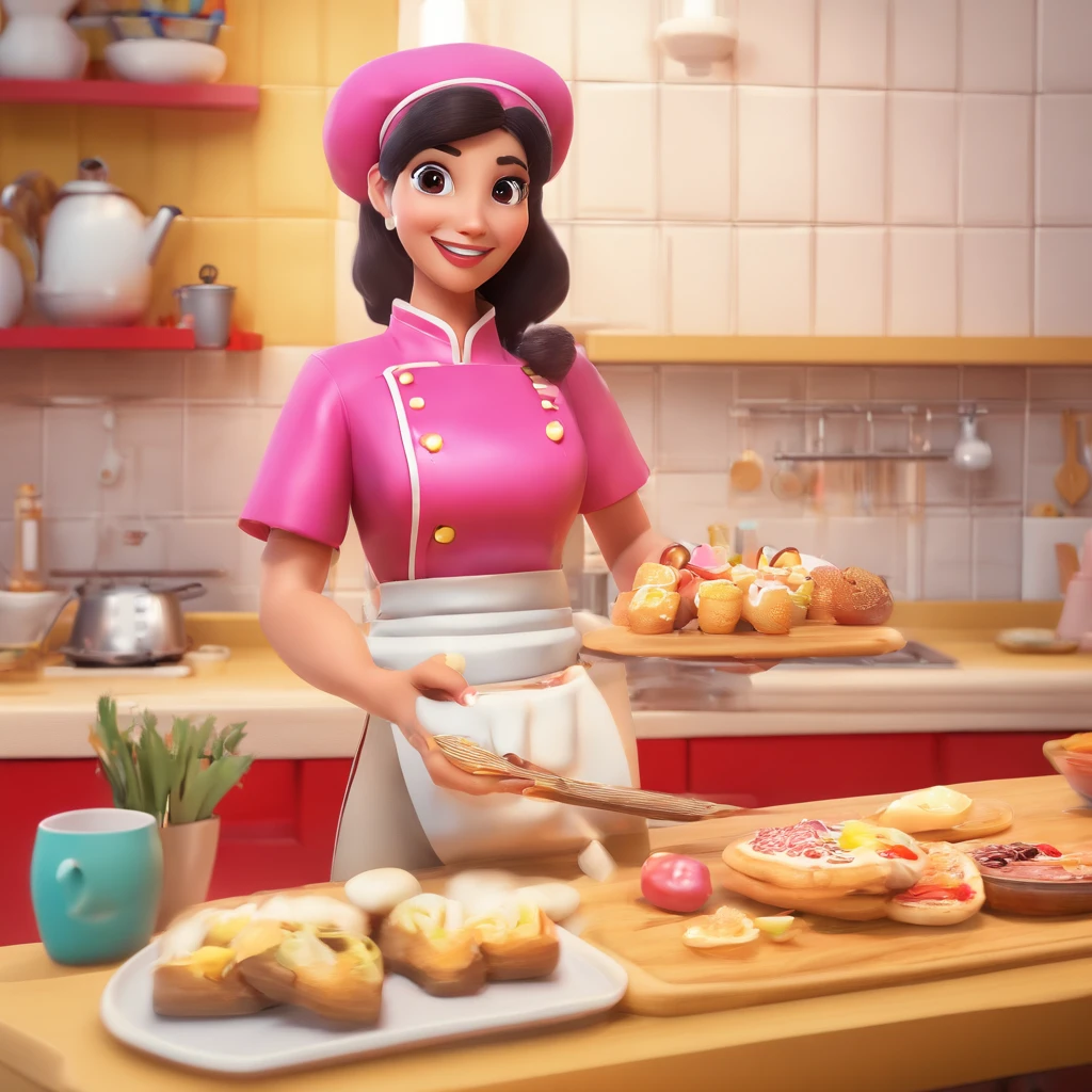 Crie uma cena de desenho animado  estilo 3d -Pixar, Onde uma mulher, Straight black hair long mixed eyes brunette with 36 years old , vestida com uma dolma de confeitaria rosa e um avental marrom chocolate com sua logo desenhada no peito escrito bolos da mares  ela esta dentro de uma cozinha rosa  She's cooking dressed as a pastry chef.