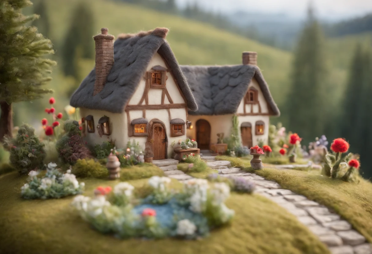 fairy wool house, cute world of wool felt, wool knitted fabric, cartoon, some small houses, farms, barracks, warehouses, flower houses, super cute, superb lighting, volumetrics, Ghibli Studio style, Tilt - shift, 80mm lens, Large aperture, 3d, blender, masterpiece, super detail, best quality