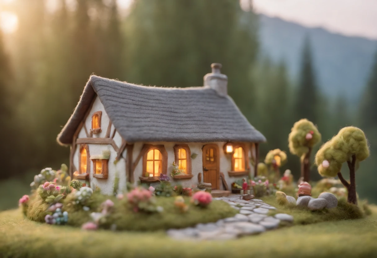 fairy wool house, cute world of wool felt, wool knitted fabric, cartoon, some small houses, farms, barracks, warehouses, flower houses, super cute, superb lighting, volumetrics, Ghibli Studio style, Tilt - shift, 80mm lens, Large aperture, 3d, blender, masterpiece, super detail, best quality