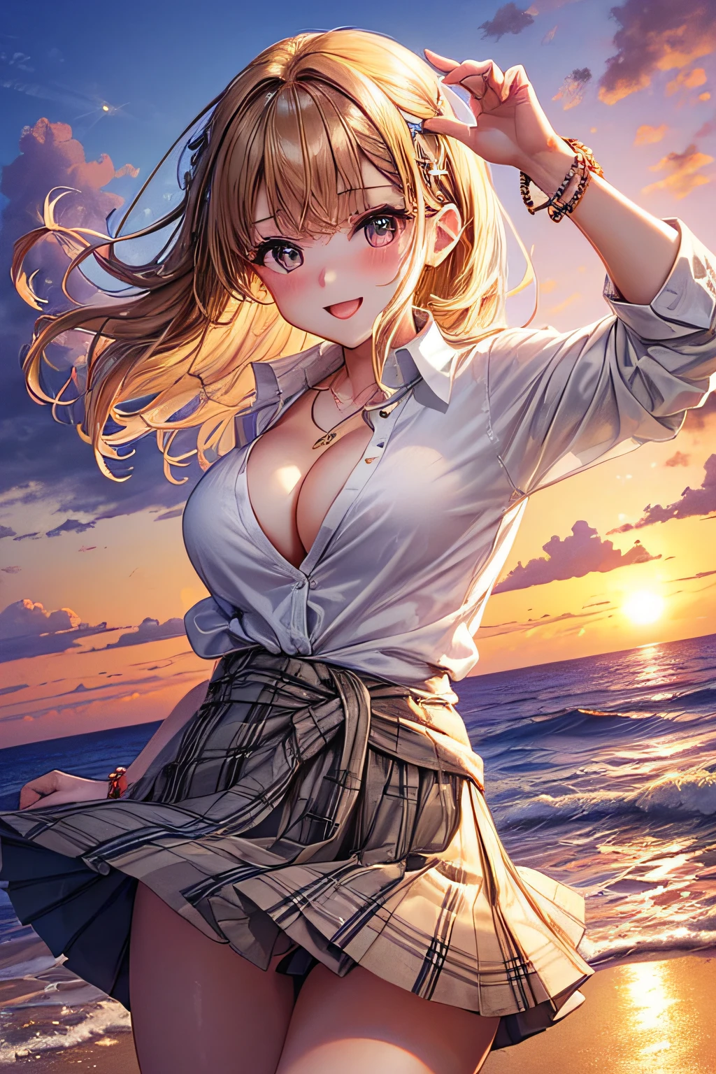 ((worst quality, low-quality)), masutepiece,Best Quality,ultra-detailliert,masterpiece, (Beautiful sunset), (the beach), (The surface of the sea sparkles), (Sunset sea background), (beach), ((Backward composition)), ((jumpping)), (Dynamic Pose:1.2), (School Uniforms:1.2), (2 Gals:1.2), plump shiny lips, Beautiful clear eyes, (The best smile), Spoken Heart, (White shirt:1.3), (Wrap a beige cardigan around your waist:1.3), ((cleavage, Unbuttoned):1.2), (Plaid pleated skirt:1.2), ((Necklace,Colorful bracelets,X Hair Ornament):1.2),