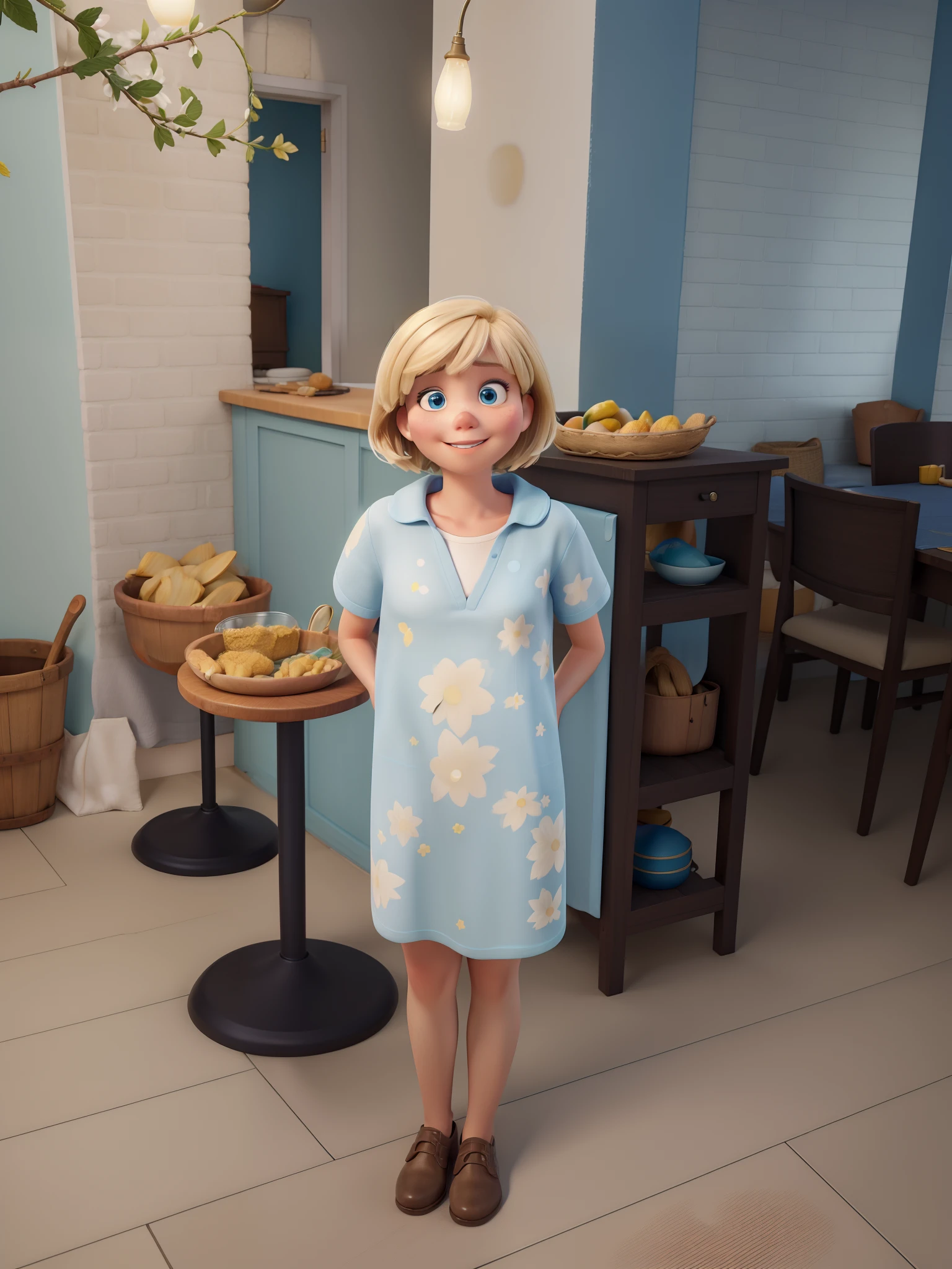 Obra-prima, de melhor qualidade, Blonde girl with short hair and bangs, big light blue eyes. Disney Pixar movies