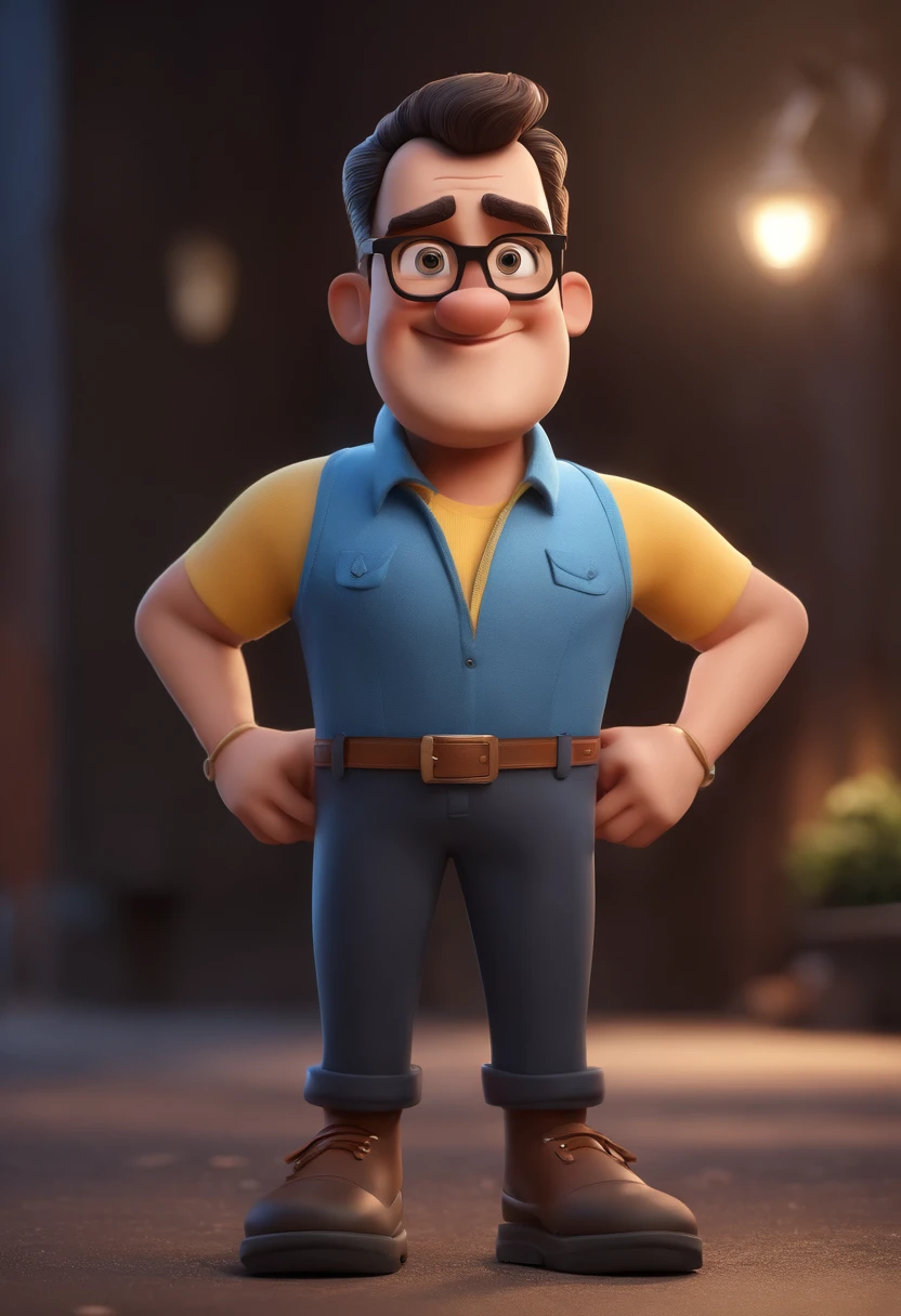 Cartoon character of a man with black glasses and a blue shirt, animation character, Caractere estilizado, animation style rendering, 3D estilizado, Arnold Maya render, 3 d render stylized, toon render keyshot, Personagem 3D, Personagem 3D, 3d rendering stylized, 3 d character render, personagem de desenho animado, Personagem de close up, Pose de personagem, (Estilo Pixar) (master part:1.2) (Bokeh) (best quality) (pele detalhada) (textura detalhada) (8k) (argila) (Cinematic lighting) (foco nítido