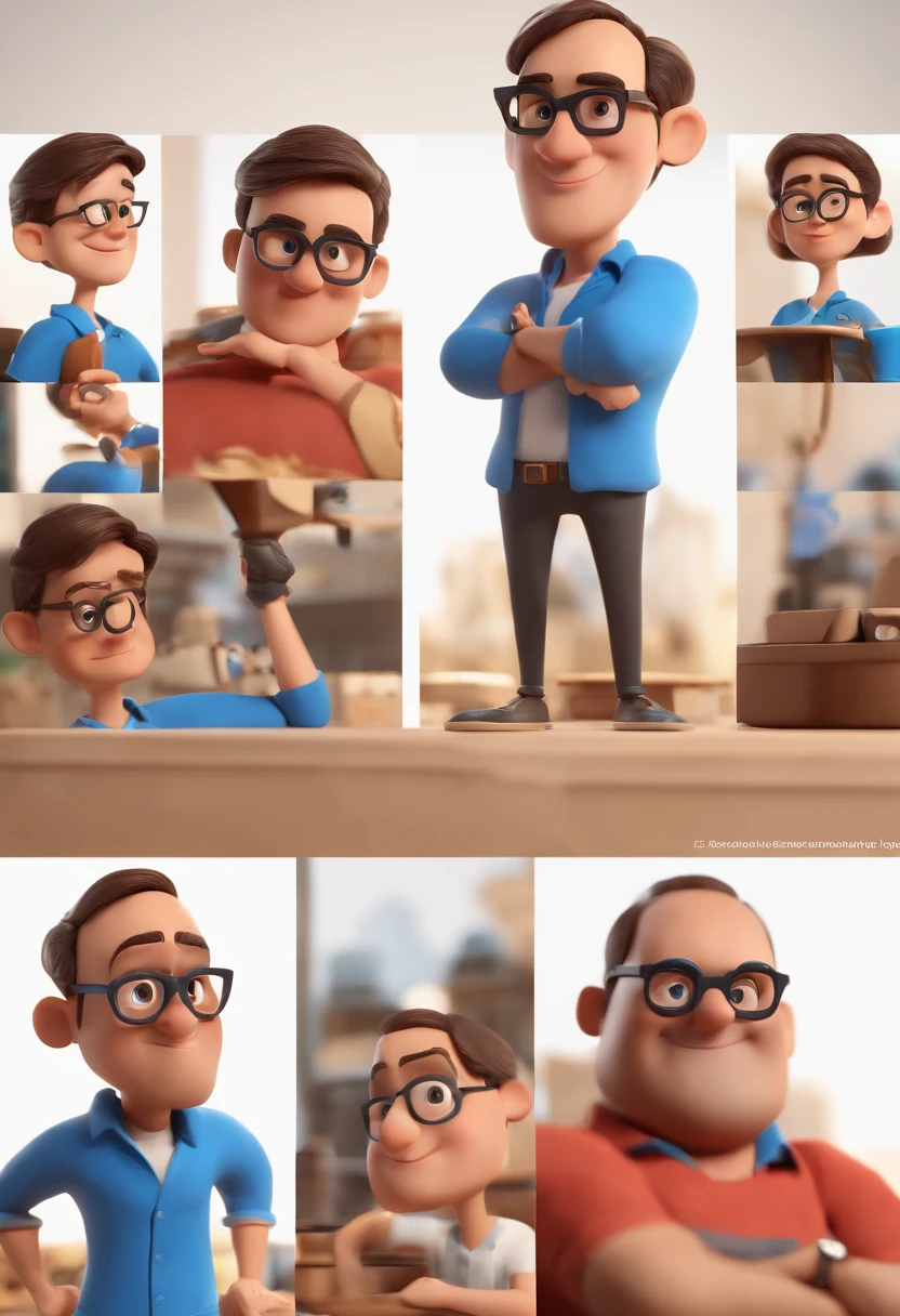 Cartoon character of a man with black glasses and a blue shirt, animation character, Caractere estilizado, animation style rendering, 3D estilizado, Arnold Maya render, 3 d render stylized, toon render keyshot, Personagem 3D, Personagem 3D, 3d rendering stylized, 3 d character render, personagem de desenho animado, Personagem de close up, Pose de personagem,  (Estilo Pixar) (master part:1.2) (Bokeh) (best quality) (pele detalhada) (textura detalhada) (8k) (argila) (Cinematic lighting) (foco nítido