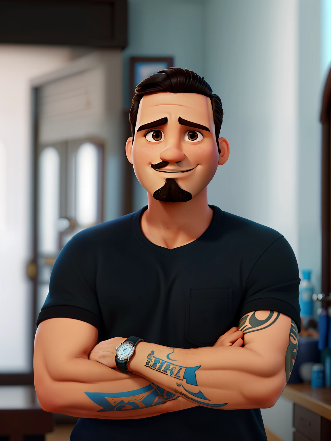 Poster no estilo Disney pixar, alta qualidade, melhor qualidade, homem sexy moreno, 26 anos cabelo preto penteado de lado cavanhaque e bigode preto, musculoso e tatuado, with background in a classic c barbershop with name New Style